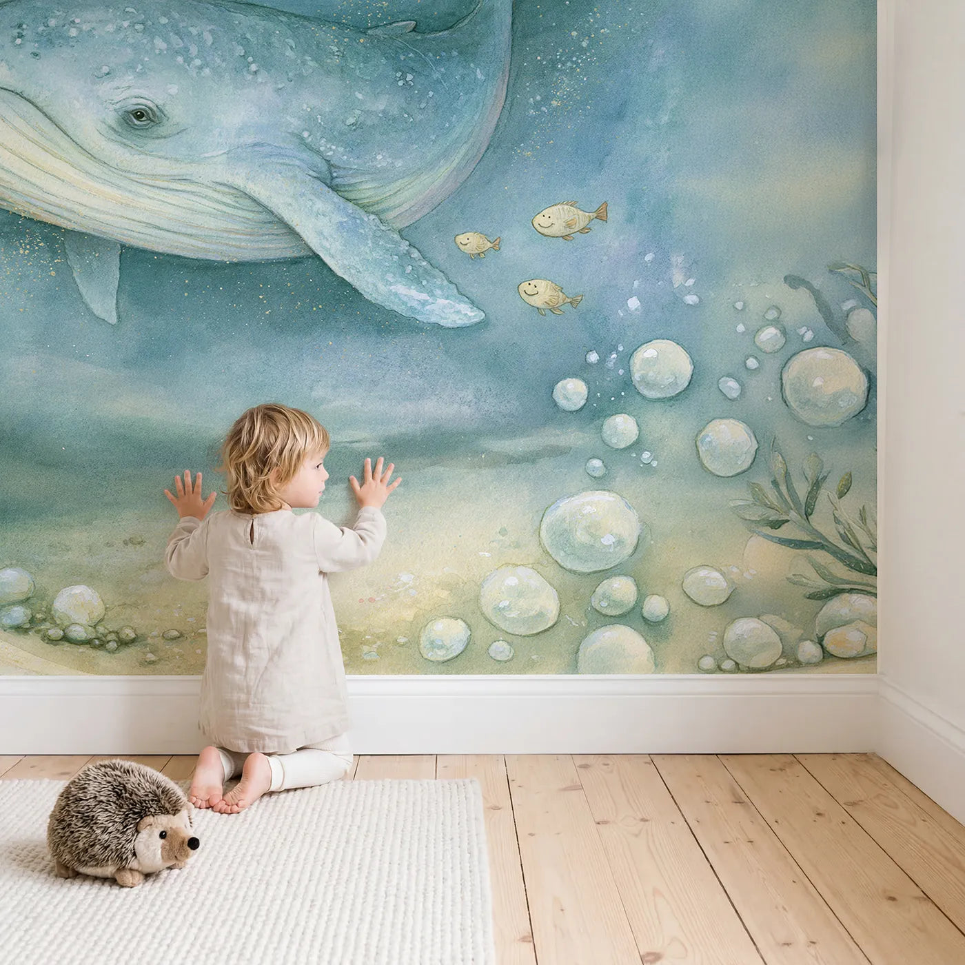 Child in nursery with Gentle Giant Whale Wallpaper Mural by Whimsy Tots