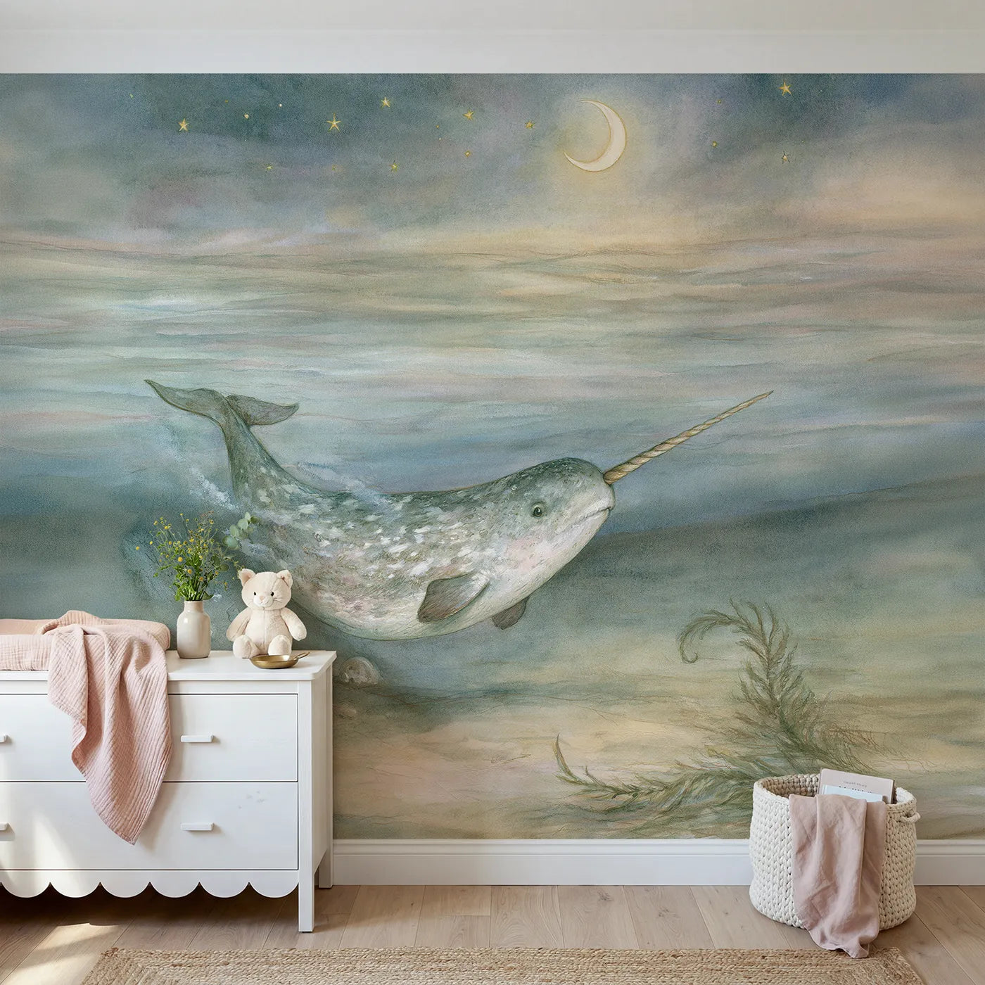 Storybook wall mural of a narwhal drifting by moonlight by Whimsy Tots