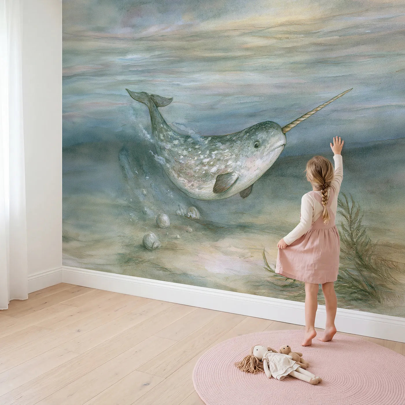 Child in nursery with Narwhal Moonlit Drift Wallpaper Mural by Whimsy Tots