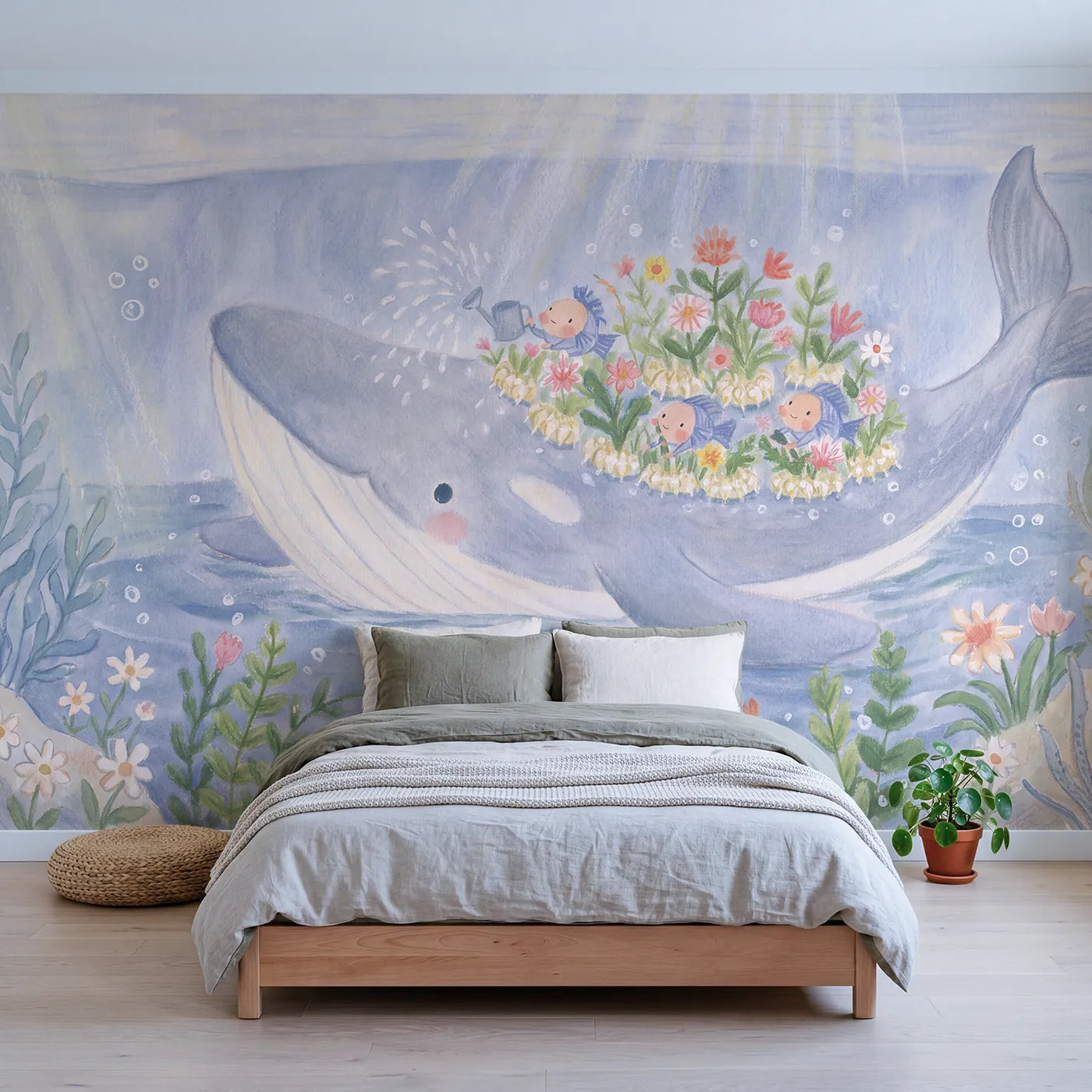 Colored Pencil fish gardening on a whale back, wall mural for a bedroom by Whimsy Tots