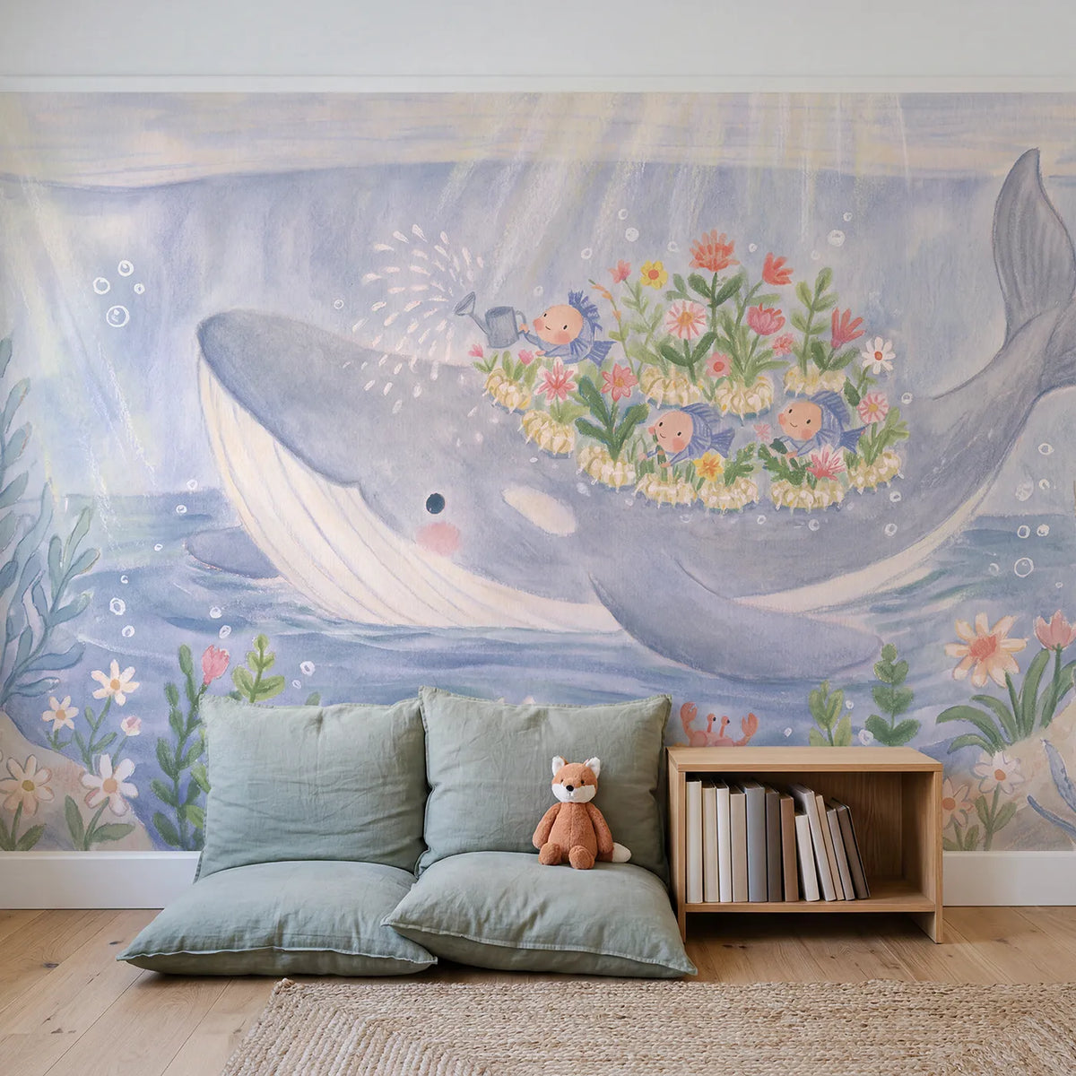 The Whale's Garden Wallpaper Mural in playroom setting by Whimsy Tots
