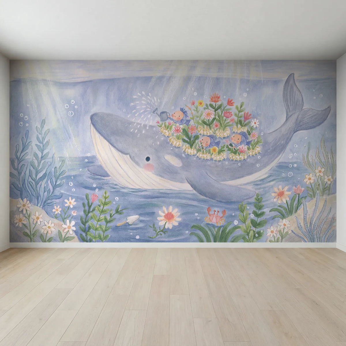 Full view of The Whale's Garden Wallpaper Mural by Whimsy Tots