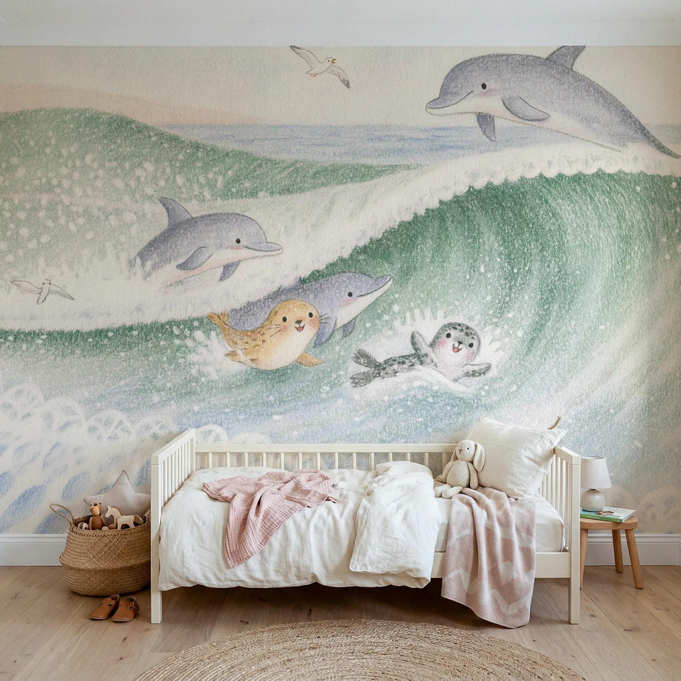 Colored Pencil dolphins teaching a seal pup to surf, wall mural for a big-kid bedroom by Whimsy Tots