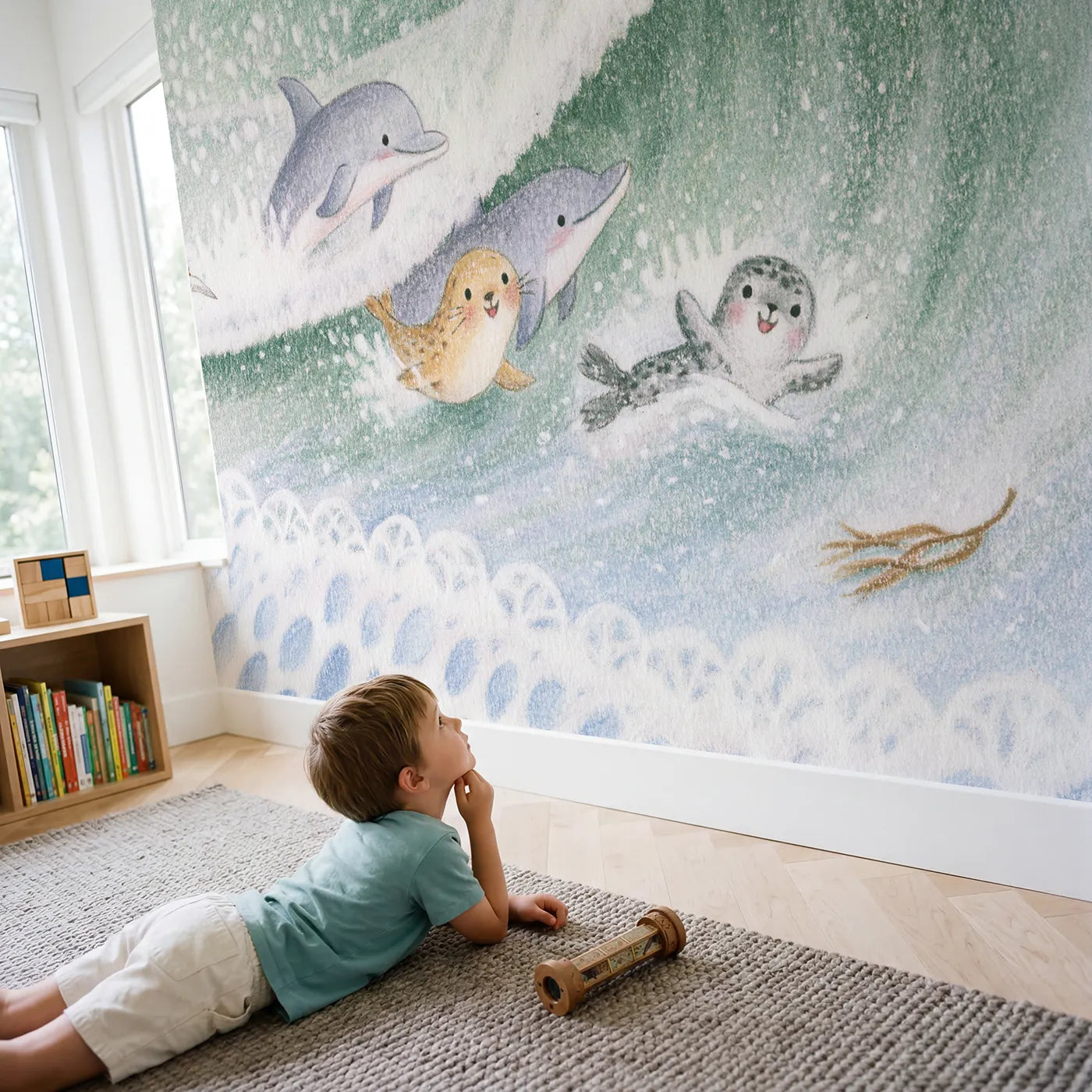 Child in nursery with The Dolphin Surf Lesson Wallpaper Mural by Whimsy Tots