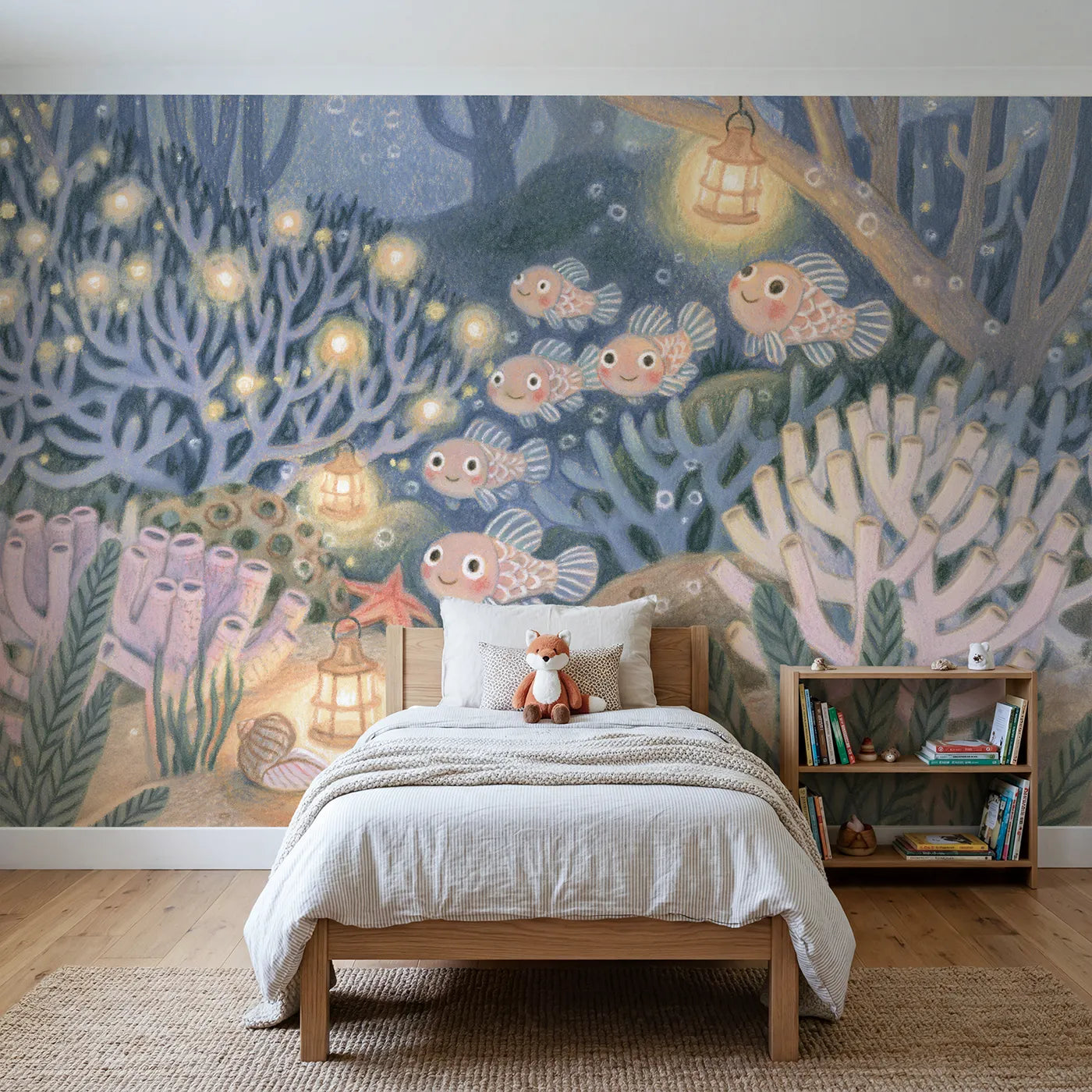 Colored Pencil lantern fish lighting a coral street, wall mural for a toddler room by Whimsy Tots