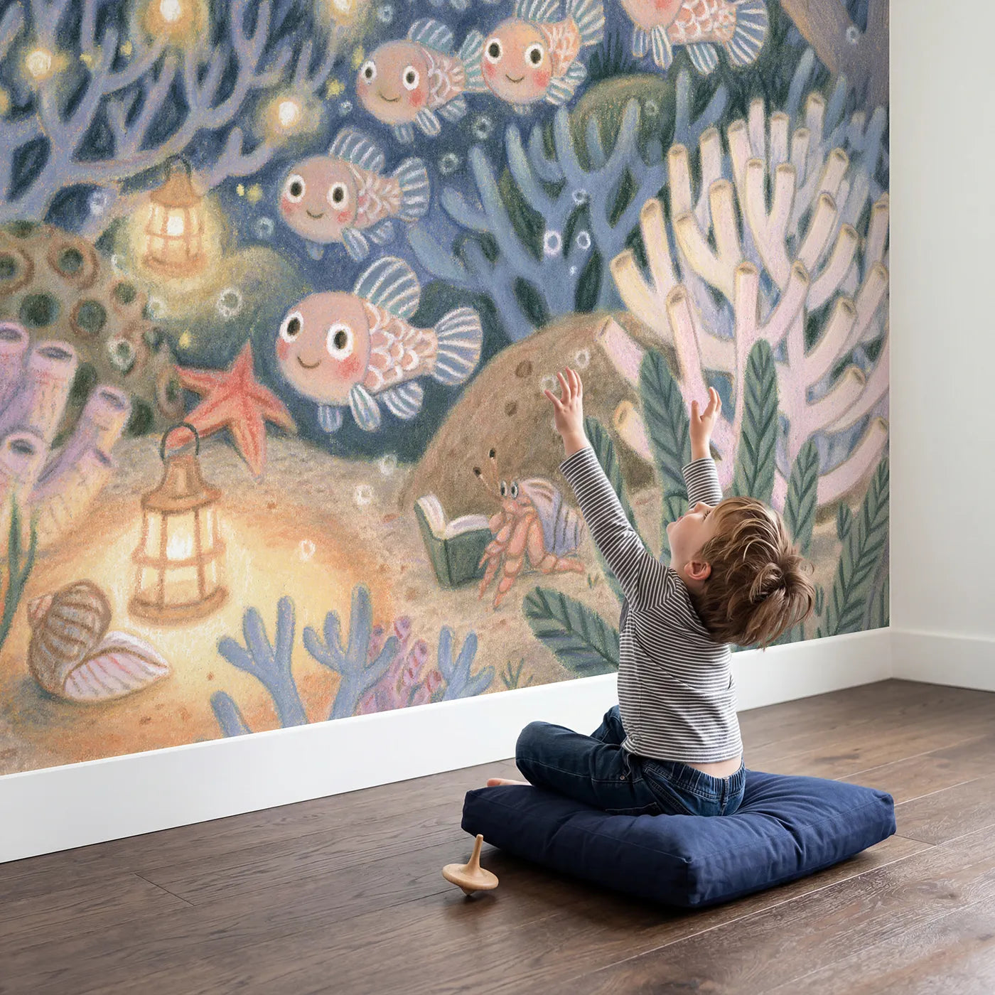 Child in nursery with The Lantern Fish Lamplighters Wallpaper Mural by Whimsy Tots