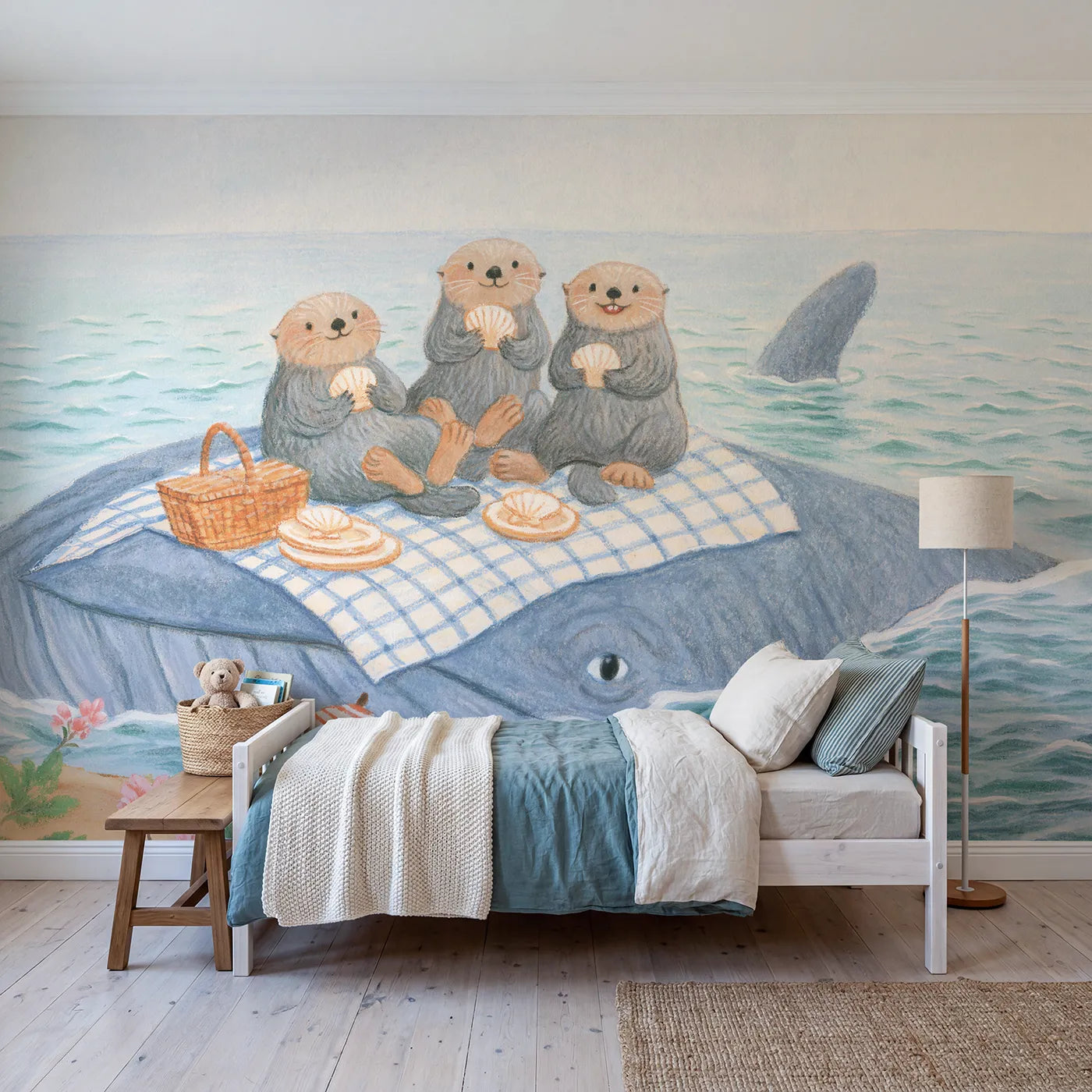 Colored Pencil otters picnicking on a whale back, wall mural for a playroom by Whimsy Tots