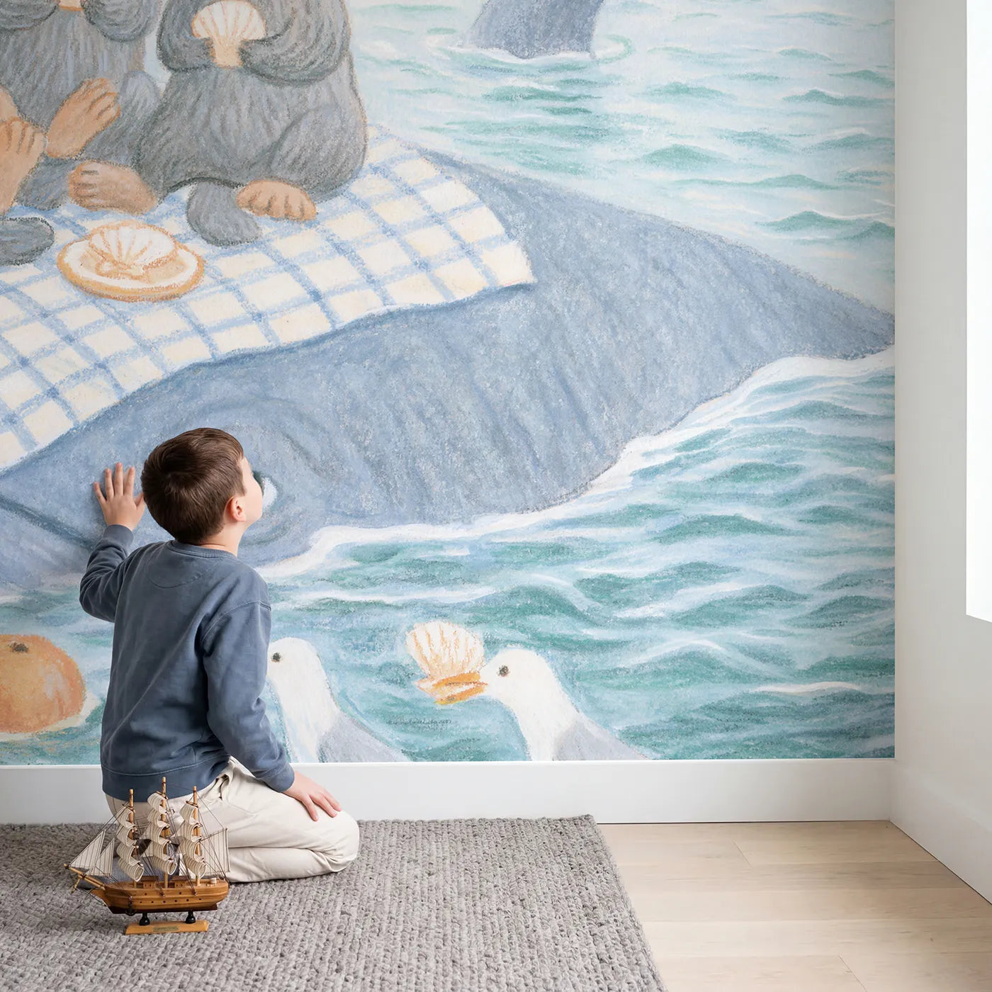 Child in nursery with Picnic on the Gentle Whale Wallpaper Mural by Whimsy Tots