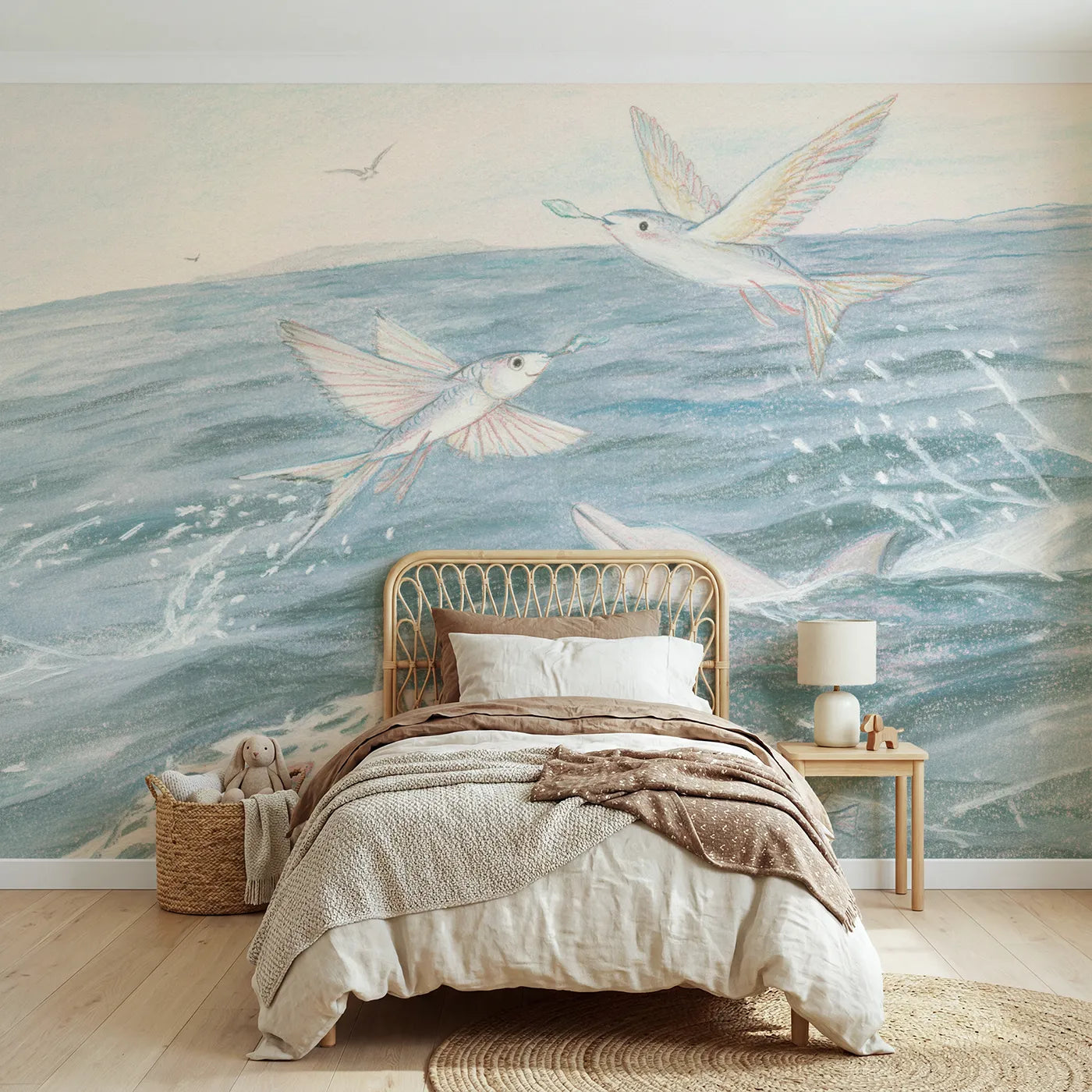 Colored Pencil flying fish relay above the water, wall mural for a big-kid bedroom by Whimsy Tots
