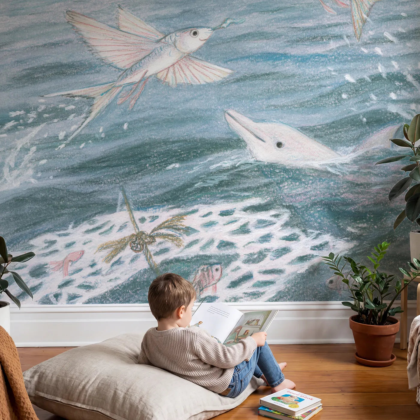 Child in nursery with The Flying Fish Relay Wallpaper Mural by Whimsy Tots