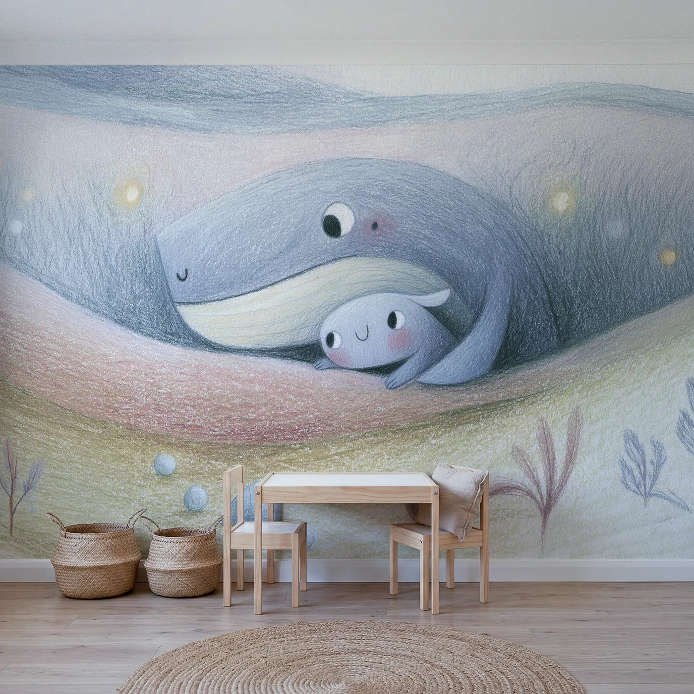 Colored-pencil wall mural of a soft whale cuddle by Whimsy Tots