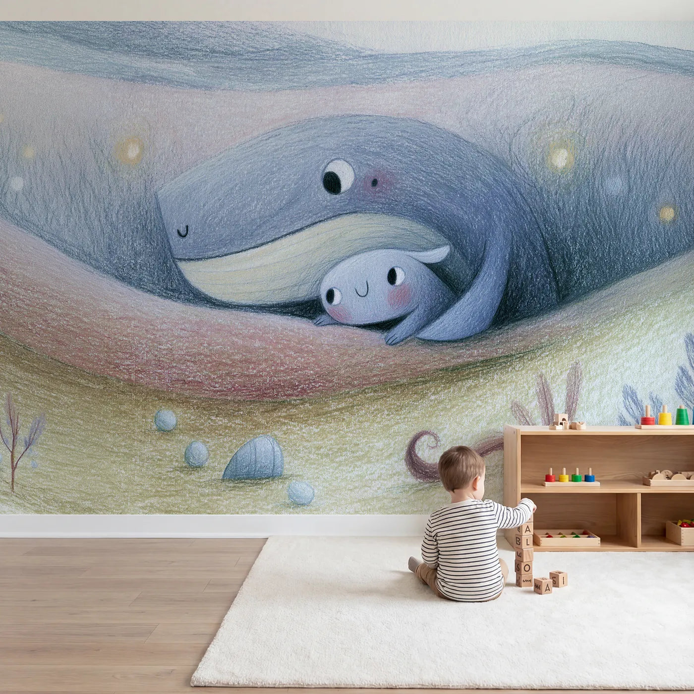 Child in nursery with Soft Whale Cuddle Wallpaper Mural by Whimsy Tots