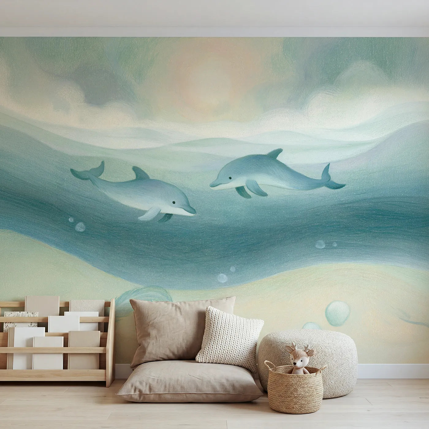 Colored-pencil wall mural of sketched dolphin friends by Whimsy Tots