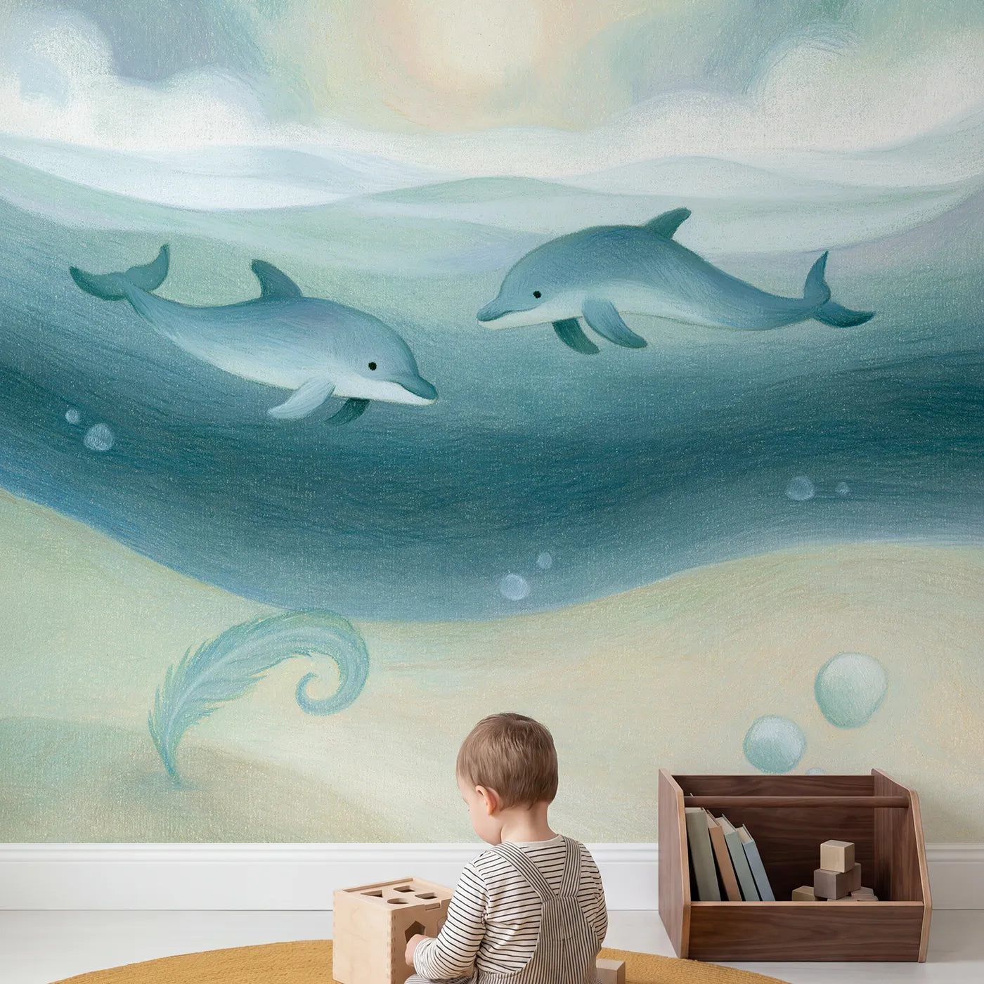 Child in nursery with Dolphin Friends Sketch Wallpaper Mural by Whimsy Tots