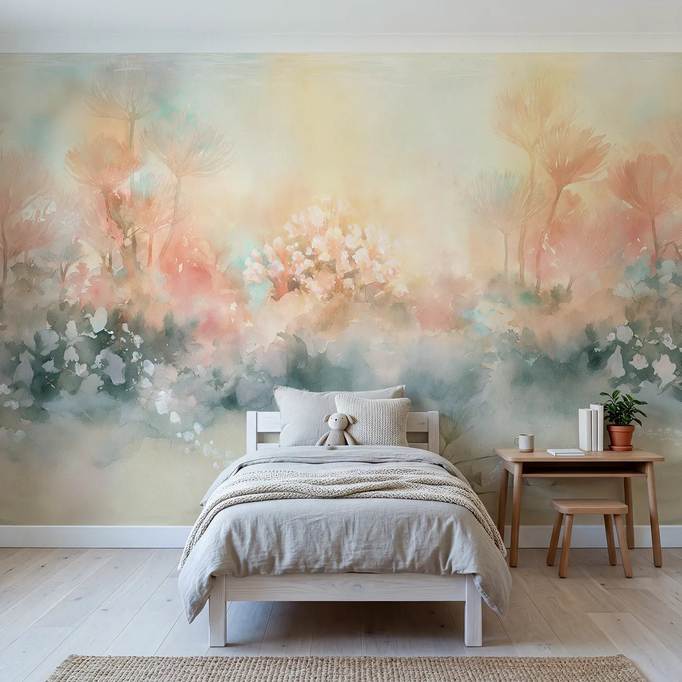 Watercolor wall mural of a glowing coral garden by Whimsy Tots