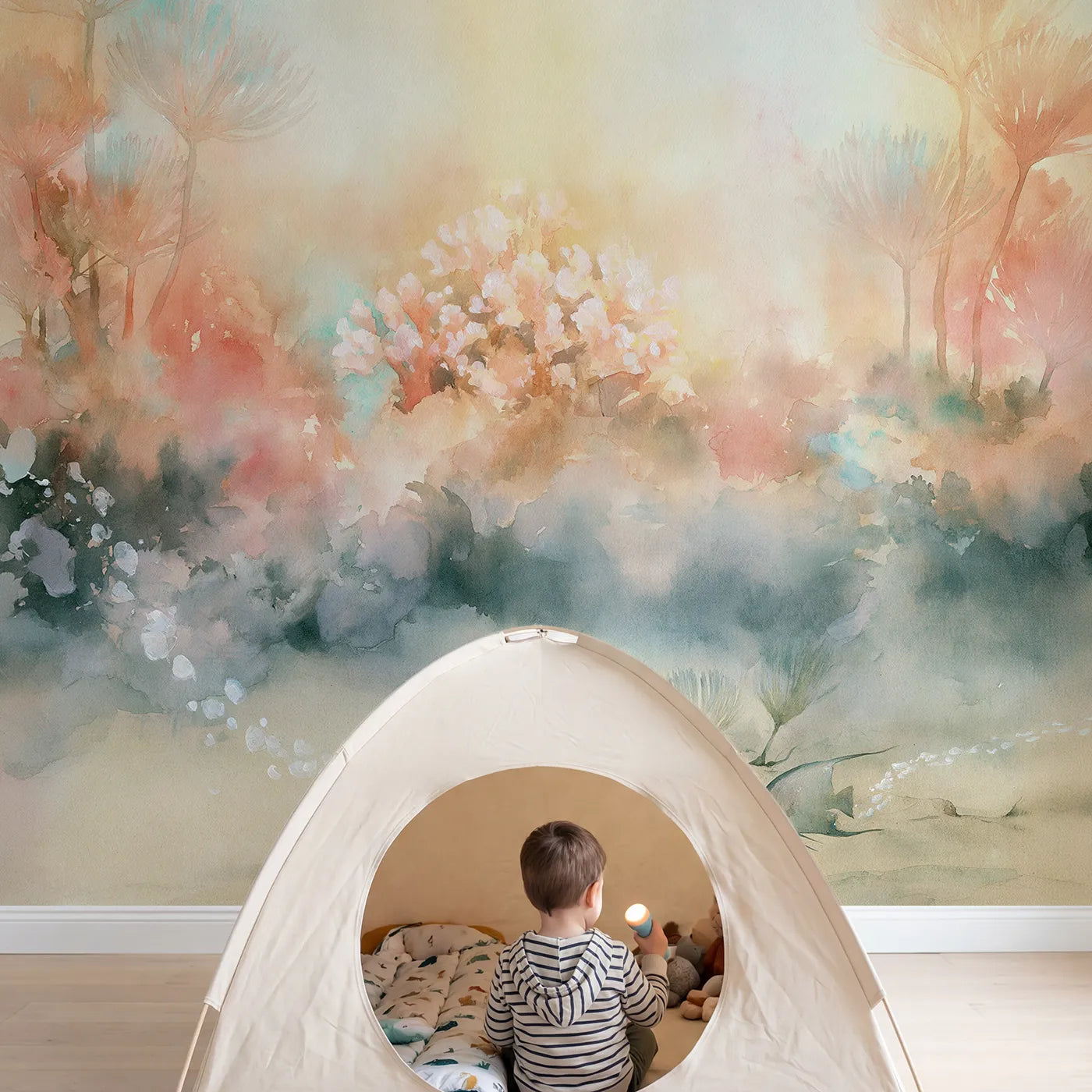 Child in nursery with Coral Garden Glow Wallpaper Mural by Whimsy Tots