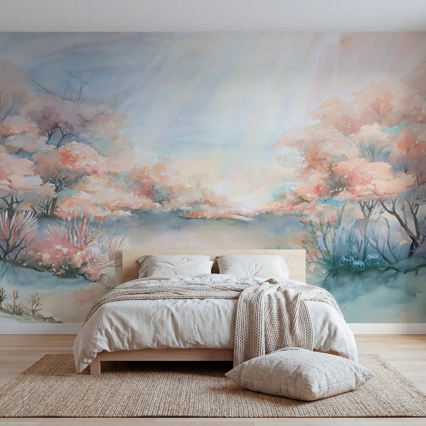 Watercolor wall mural of sunbeams on a quiet reef by Whimsy Tots