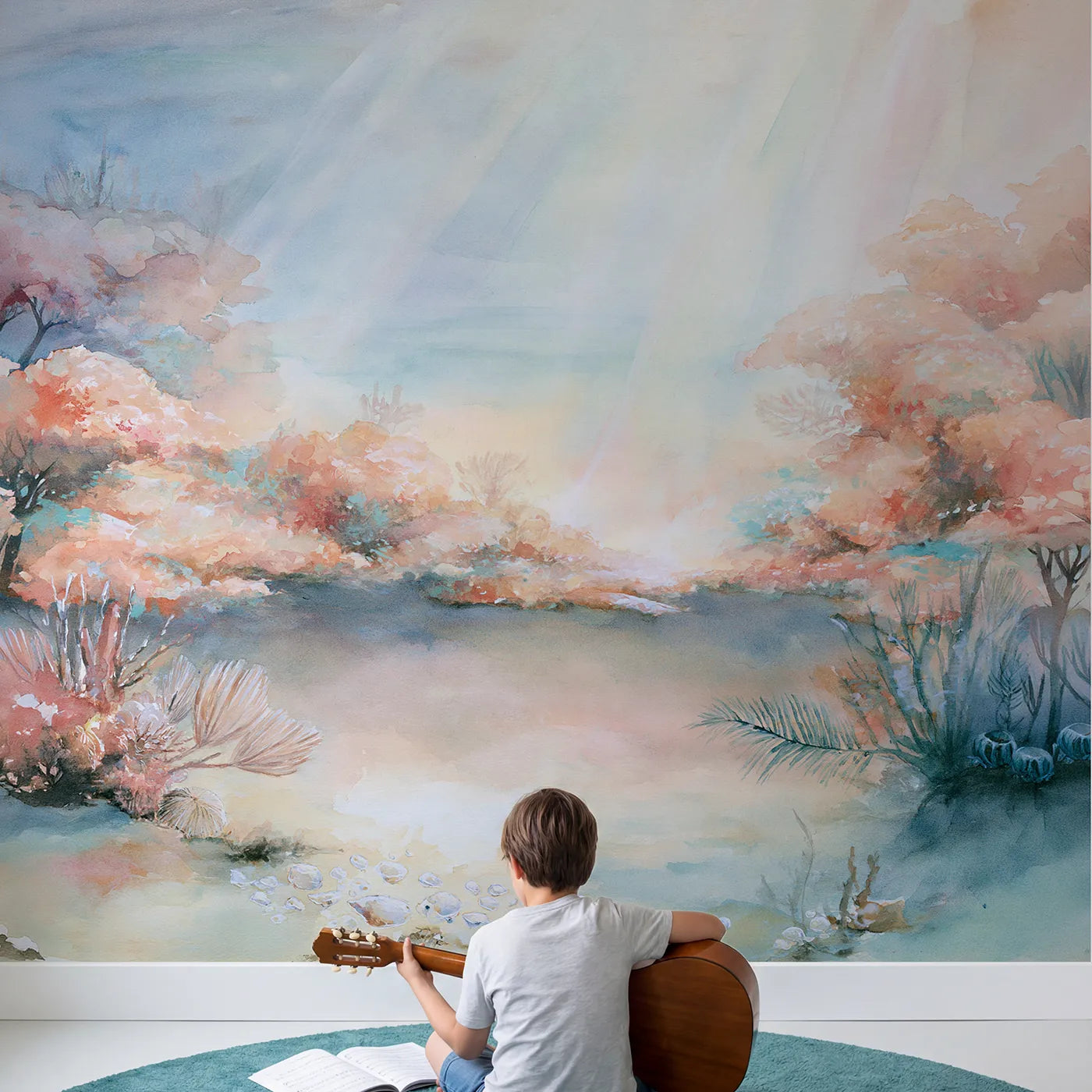 Child in nursery with Reef Sunbeam Hush Wallpaper Mural by Whimsy Tots