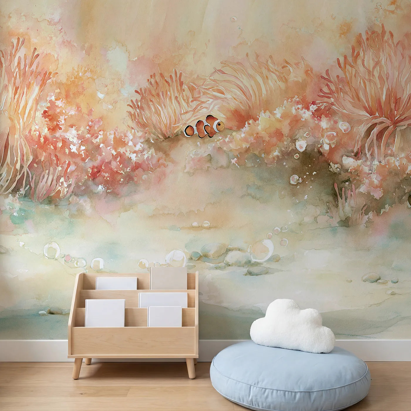 Child in nursery with Clownfish Anemone Home Wallpaper Mural by Whimsy Tots