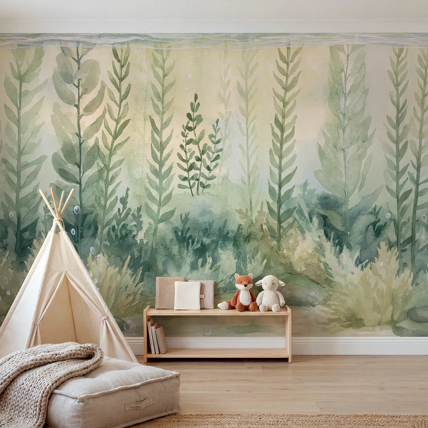 Watercolor wall mural of a calm kelp forest by Whimsy Tots