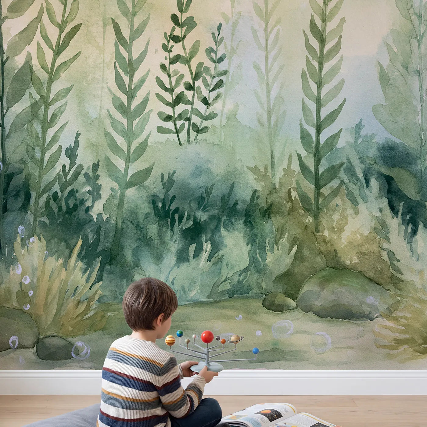 Child in nursery with Kelp Forest Calm Wallpaper Mural by Whimsy Tots