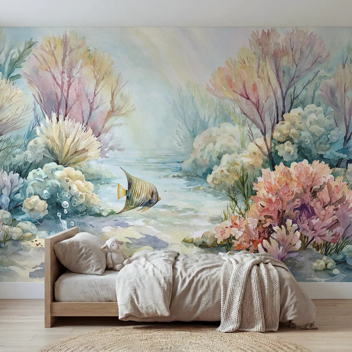 Watercolor wall mural of an angelfish by coral fans by Whimsy Tots