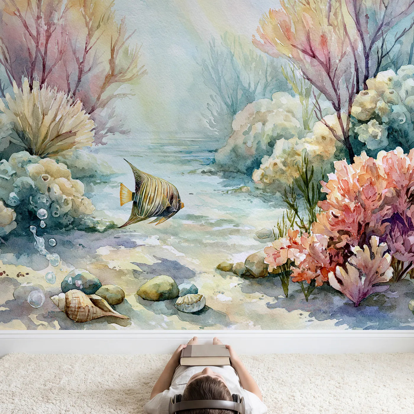 Child in nursery with Angelfish Coral Reef Wallpaper Mural by Whimsy Tots
