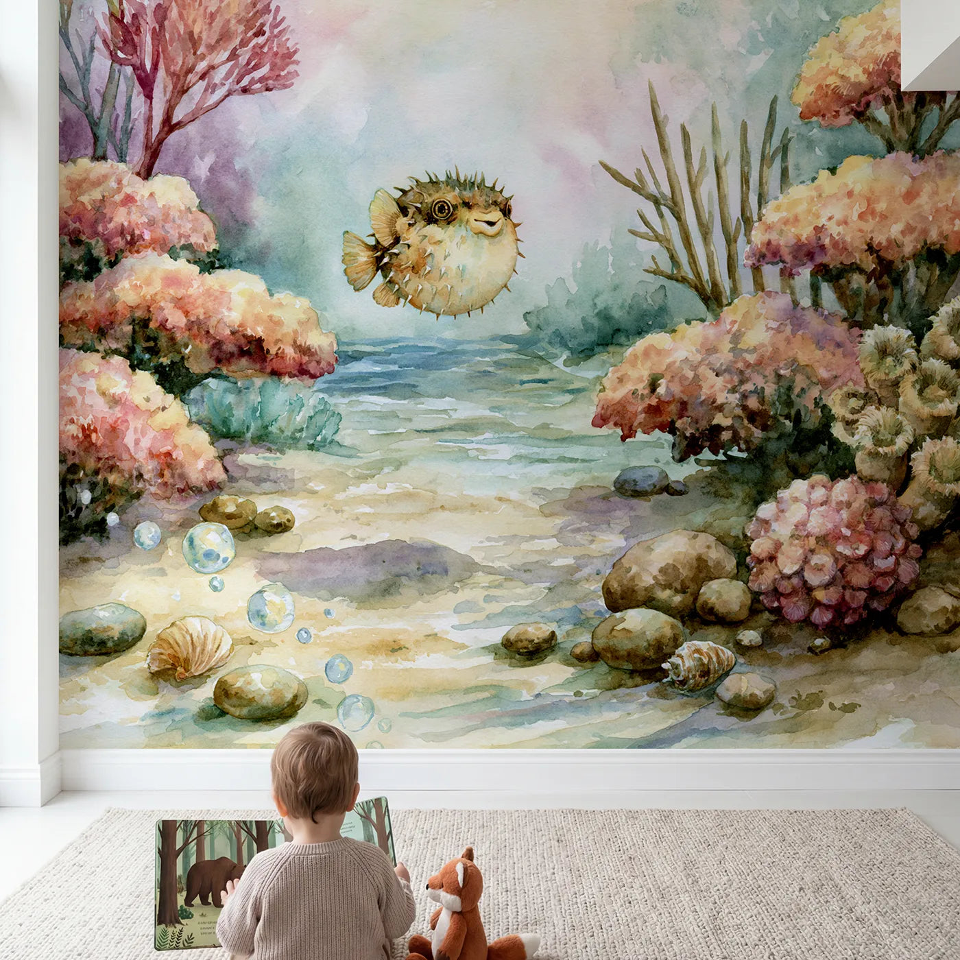 Child in nursery with Pufferfish Round Friend Wallpaper Mural by Whimsy Tots