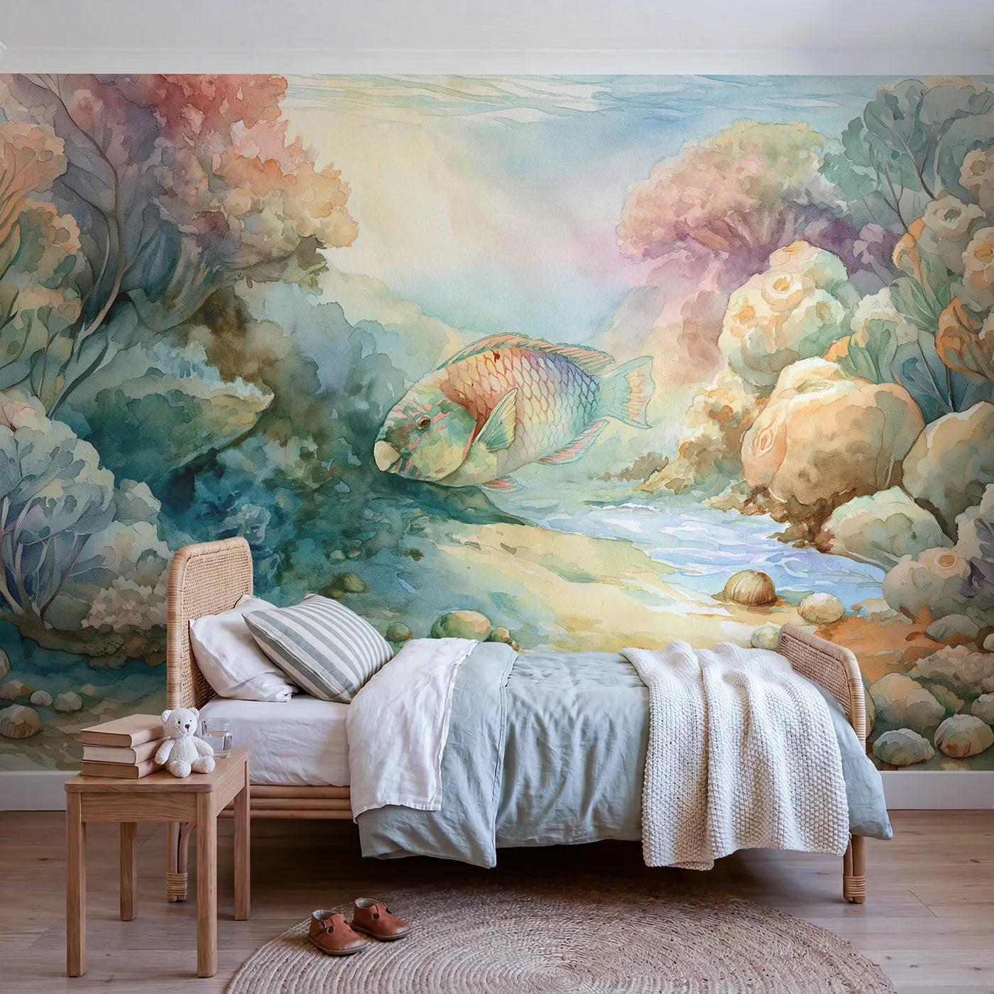 Watercolor wall mural of a browsing parrotfish by Whimsy Tots