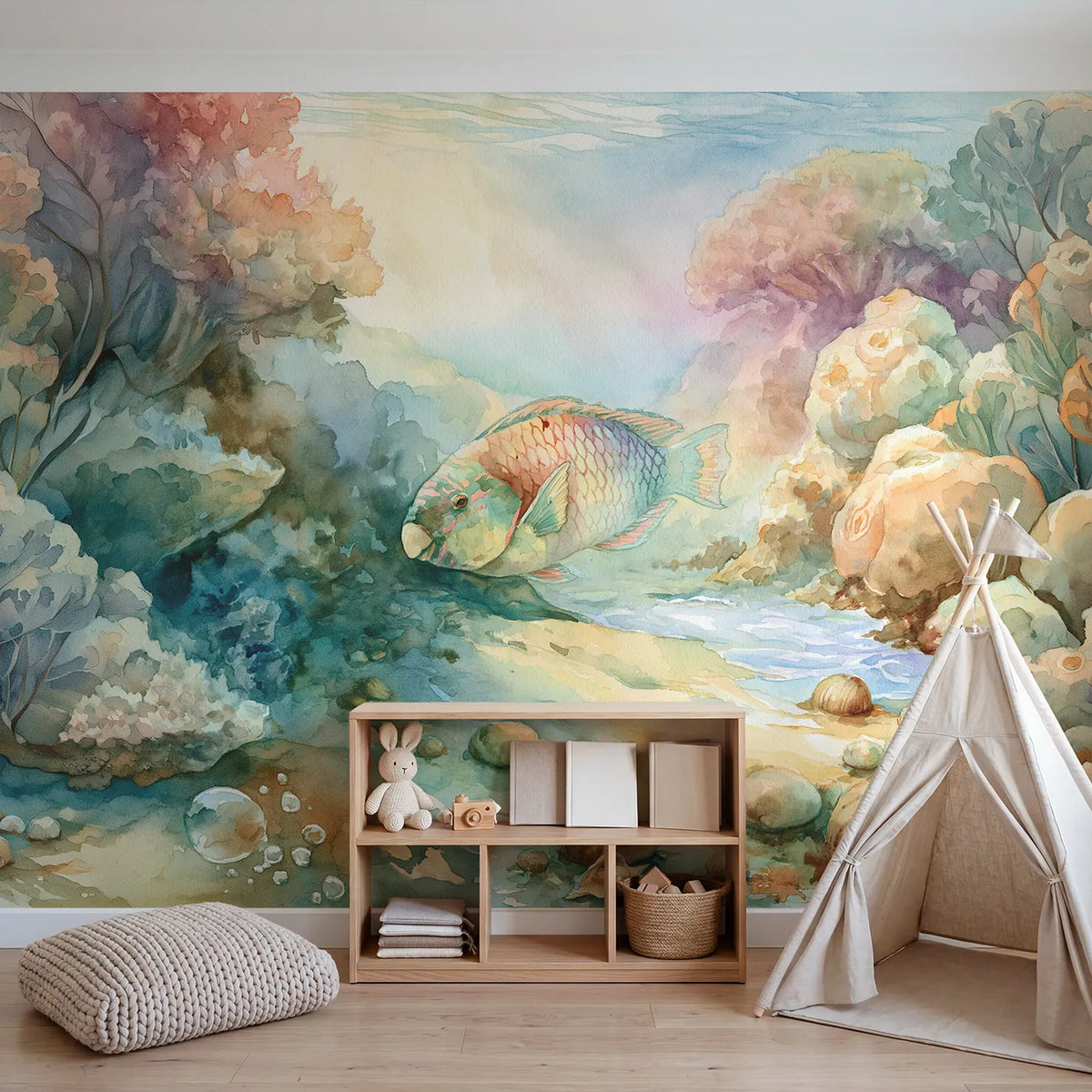 Parrotfish Reef Browse Wallpaper Mural in playroom setting by Whimsy Tots