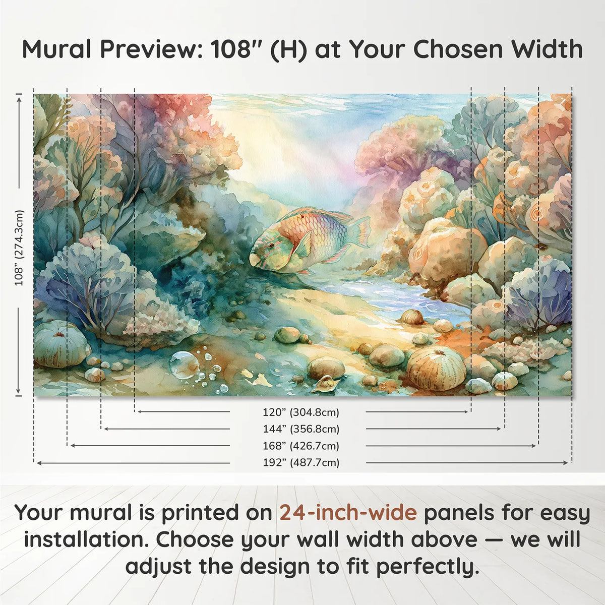 Panel layout and dimensions for Parrotfish Reef Browse Wallpaper Mural by Whimsy Tots