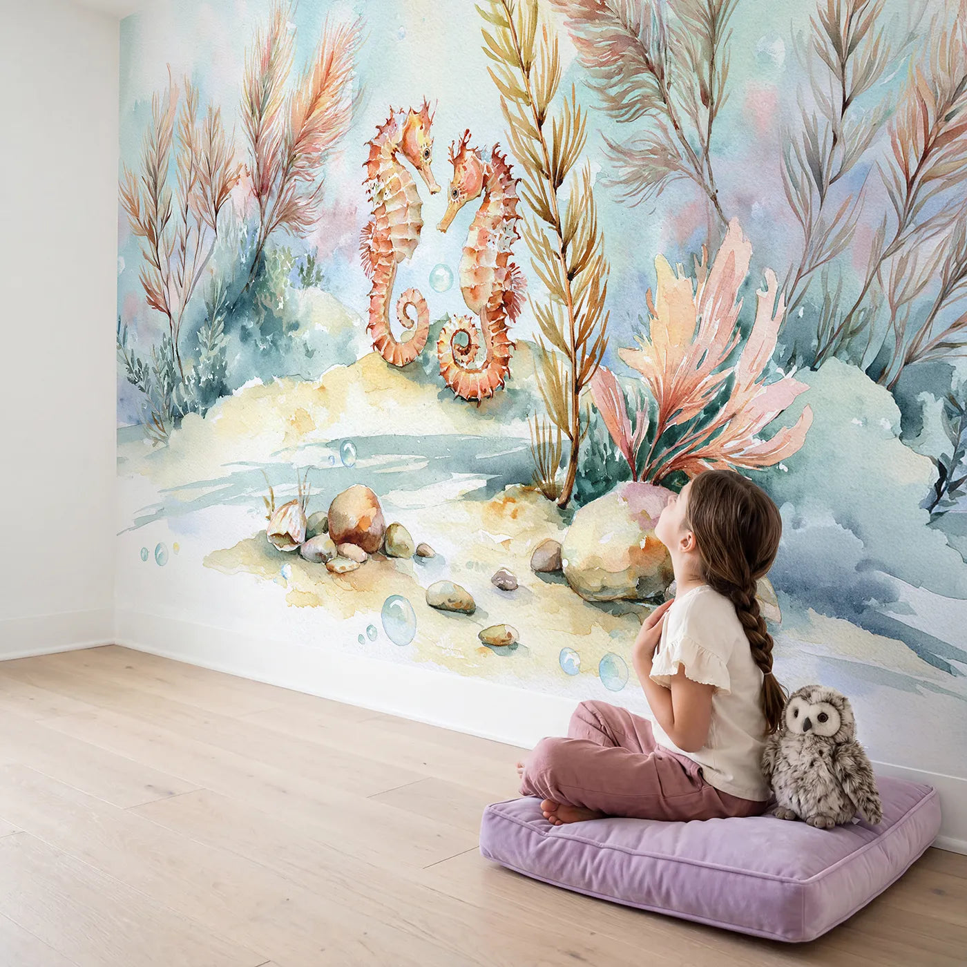 Child in nursery with Seahorse Pair Study Wallpaper Mural by Whimsy Tots
