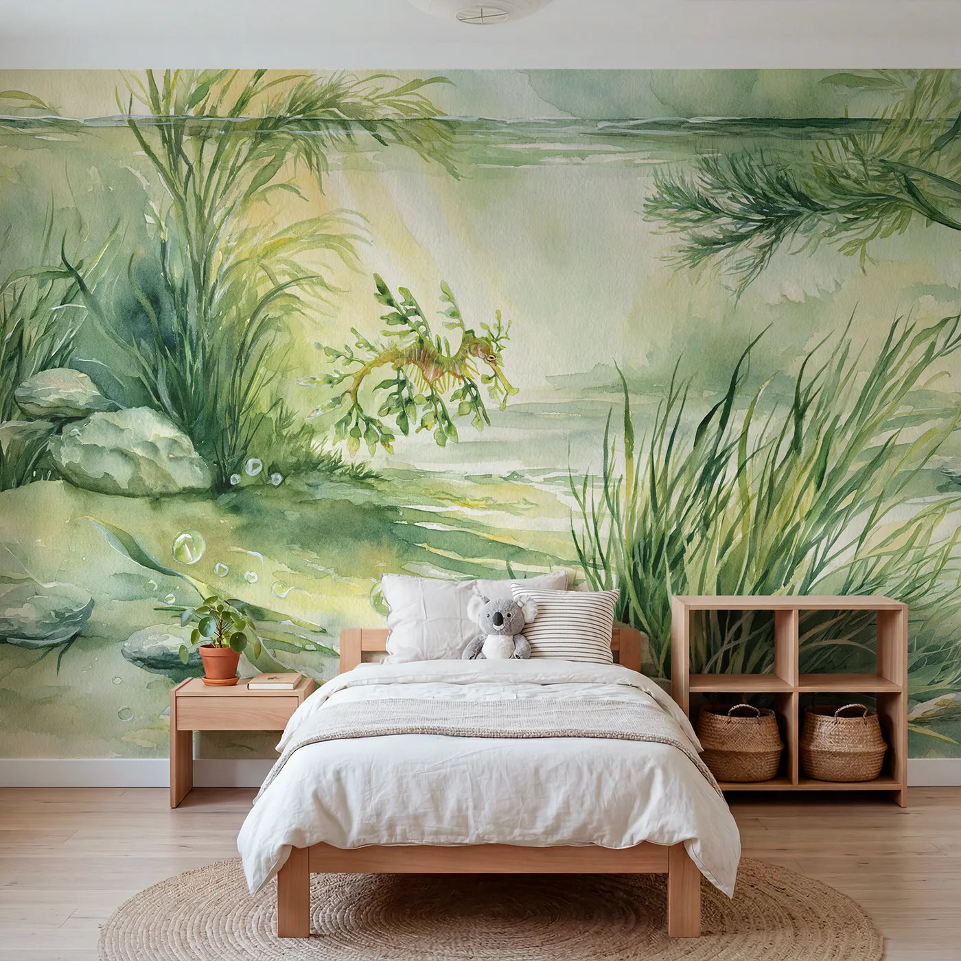 Watercolor wall mural of a leafy seadragon drifting by Whimsy Tots