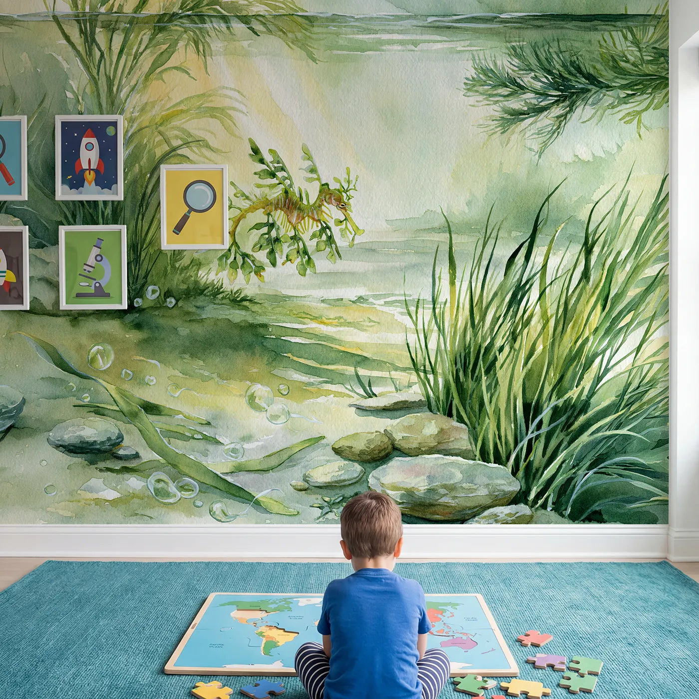 Child in nursery with Leafy Seadragon Drift Wallpaper Mural by Whimsy Tots