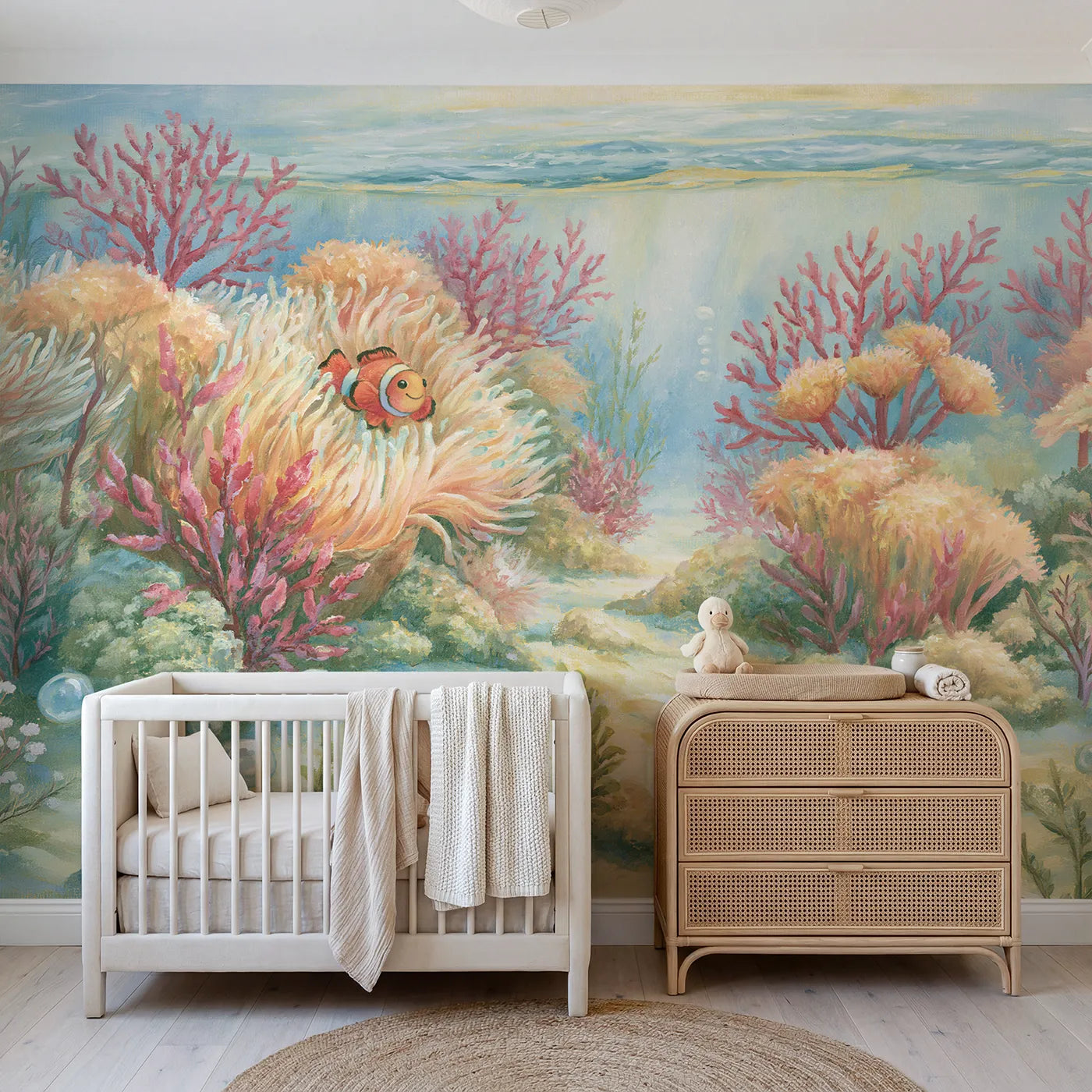 Storybook wall mural of a smiling clownfish pal by Whimsy Tots