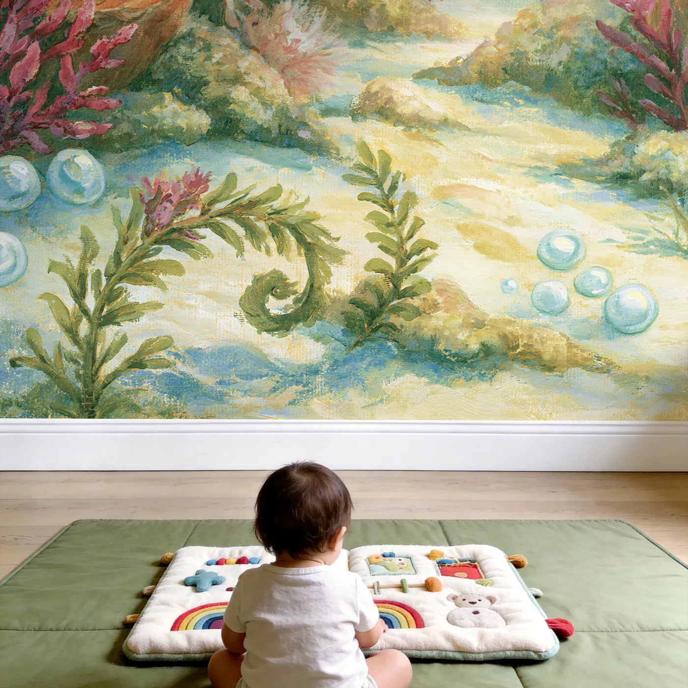 Child in nursery with Smiling Clownfish Pal Wallpaper Mural by Whimsy Tots