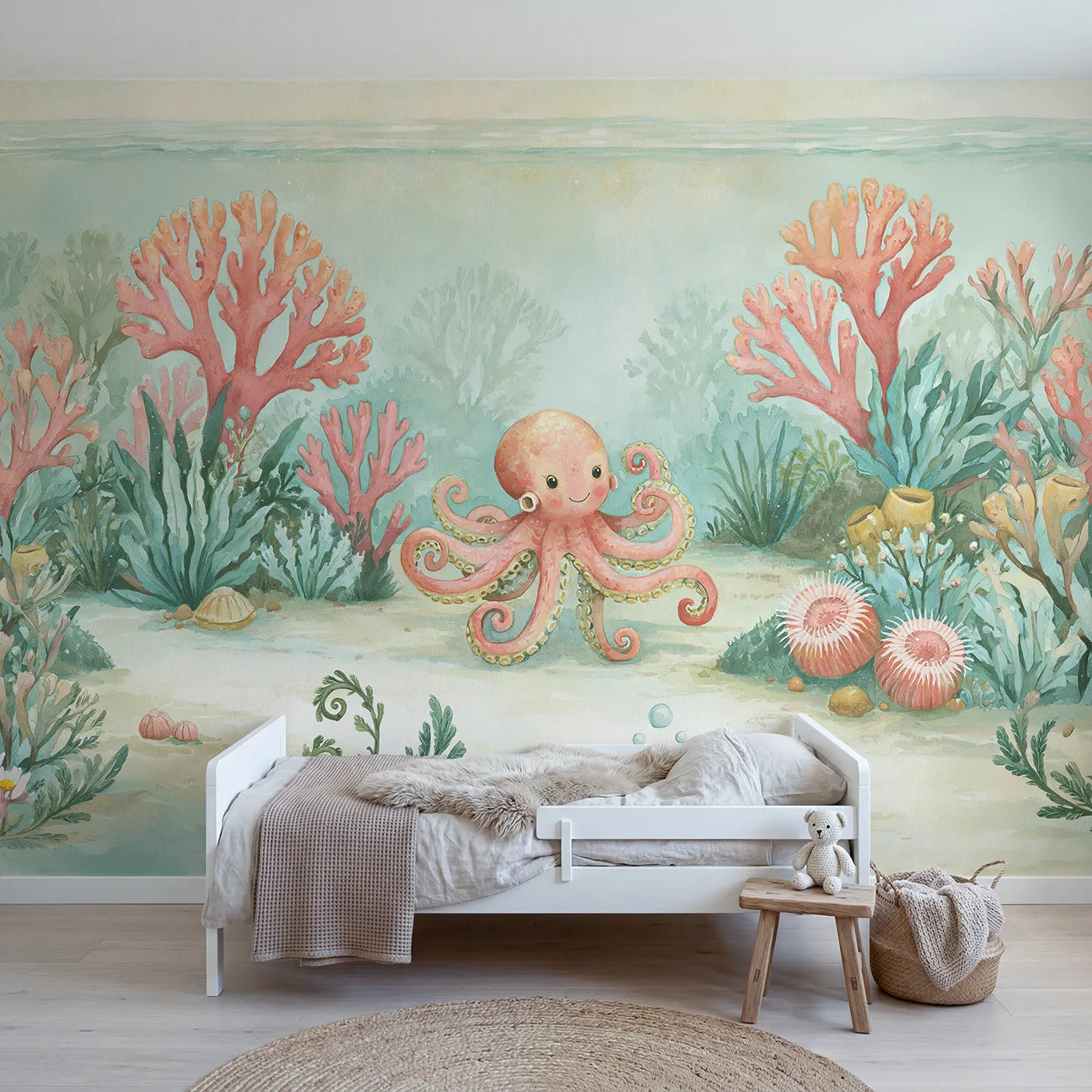 Storybook wall mural of a curious little octopus by Whimsy Tots