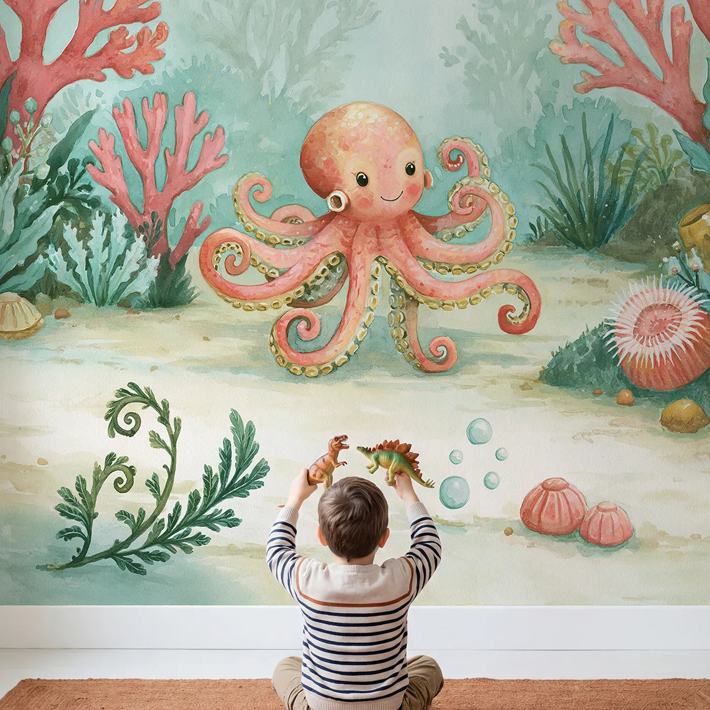 Child in nursery with Curious Little Octopus Wallpaper Mural by Whimsy Tots