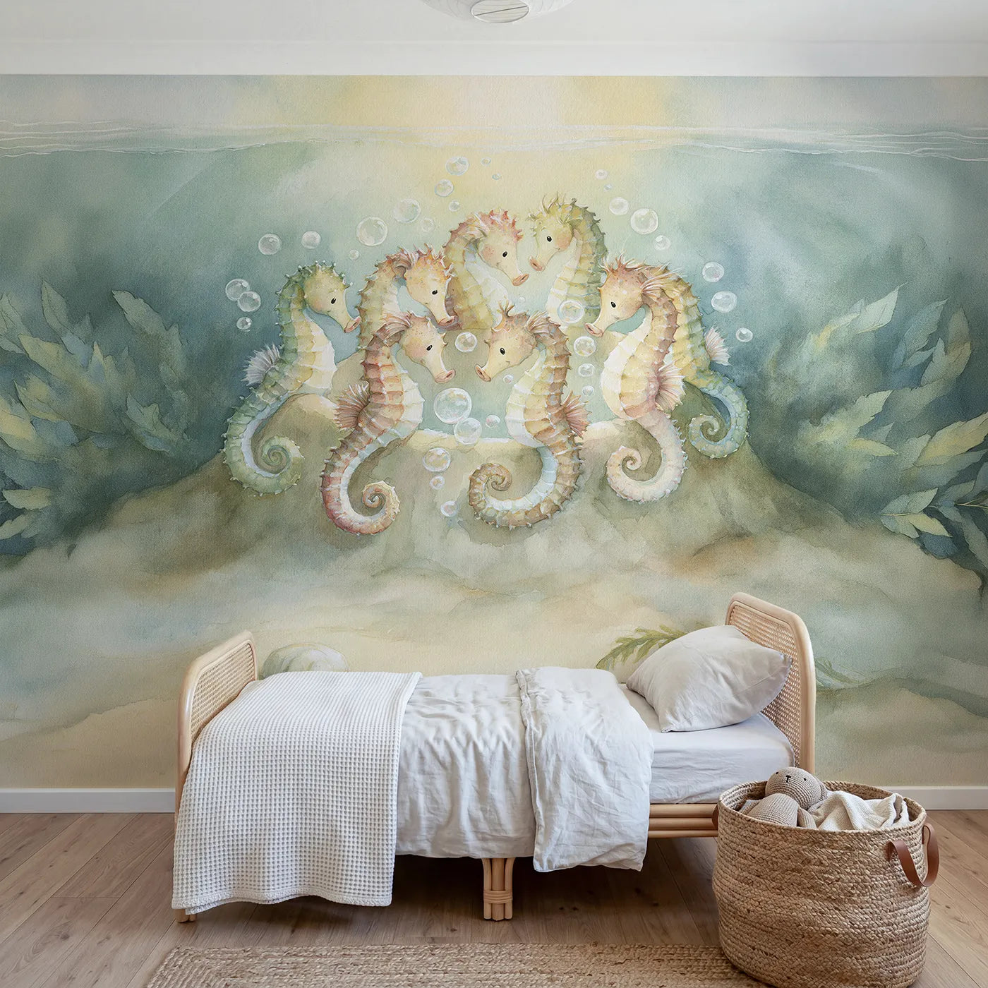 Storybook wall mural of a seahorse carousel by Whimsy Tots
