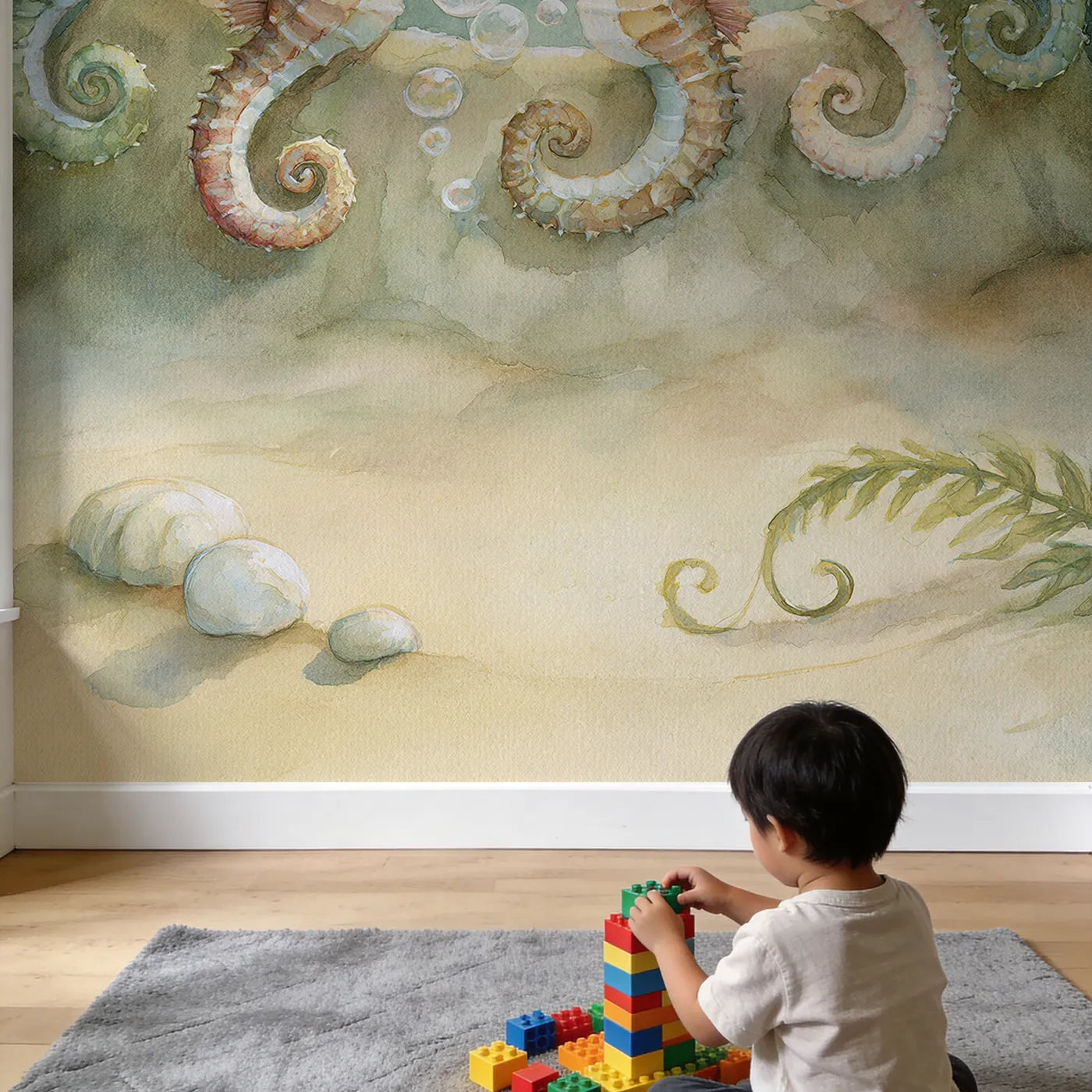 Child in nursery with Seahorse Carousel Spin Wallpaper Mural by Whimsy Tots