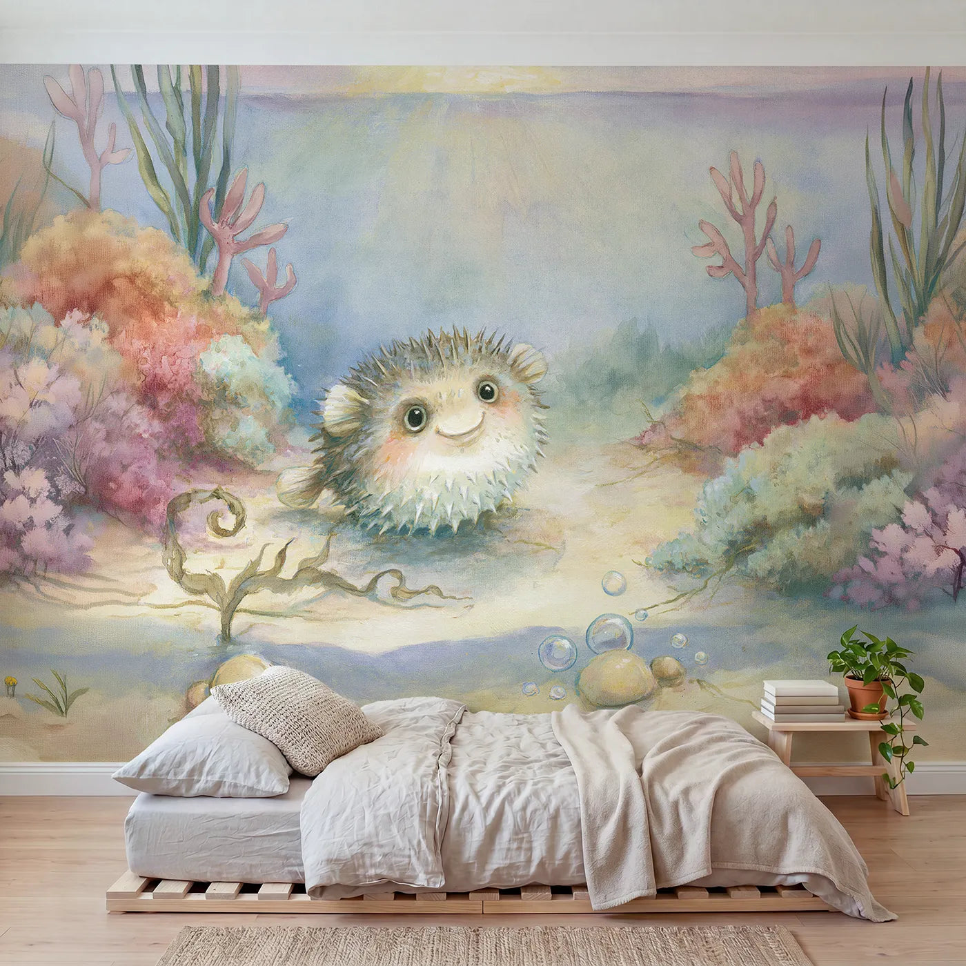 Storybook wall mural of a friendly pufferfish puff by Whimsy Tots