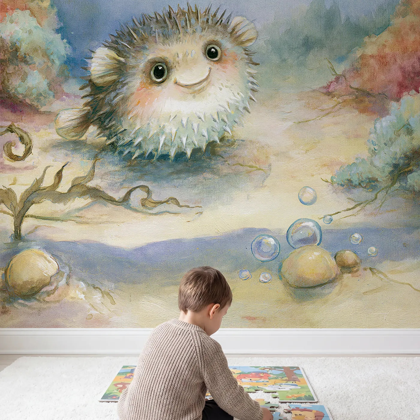 Child in nursery with Friendly Pufferfish Puff Wallpaper Mural by Whimsy Tots