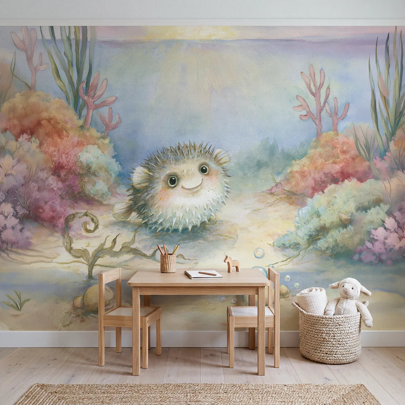 Friendly Pufferfish Puff Wallpaper Mural in playroom setting by Whimsy Tots