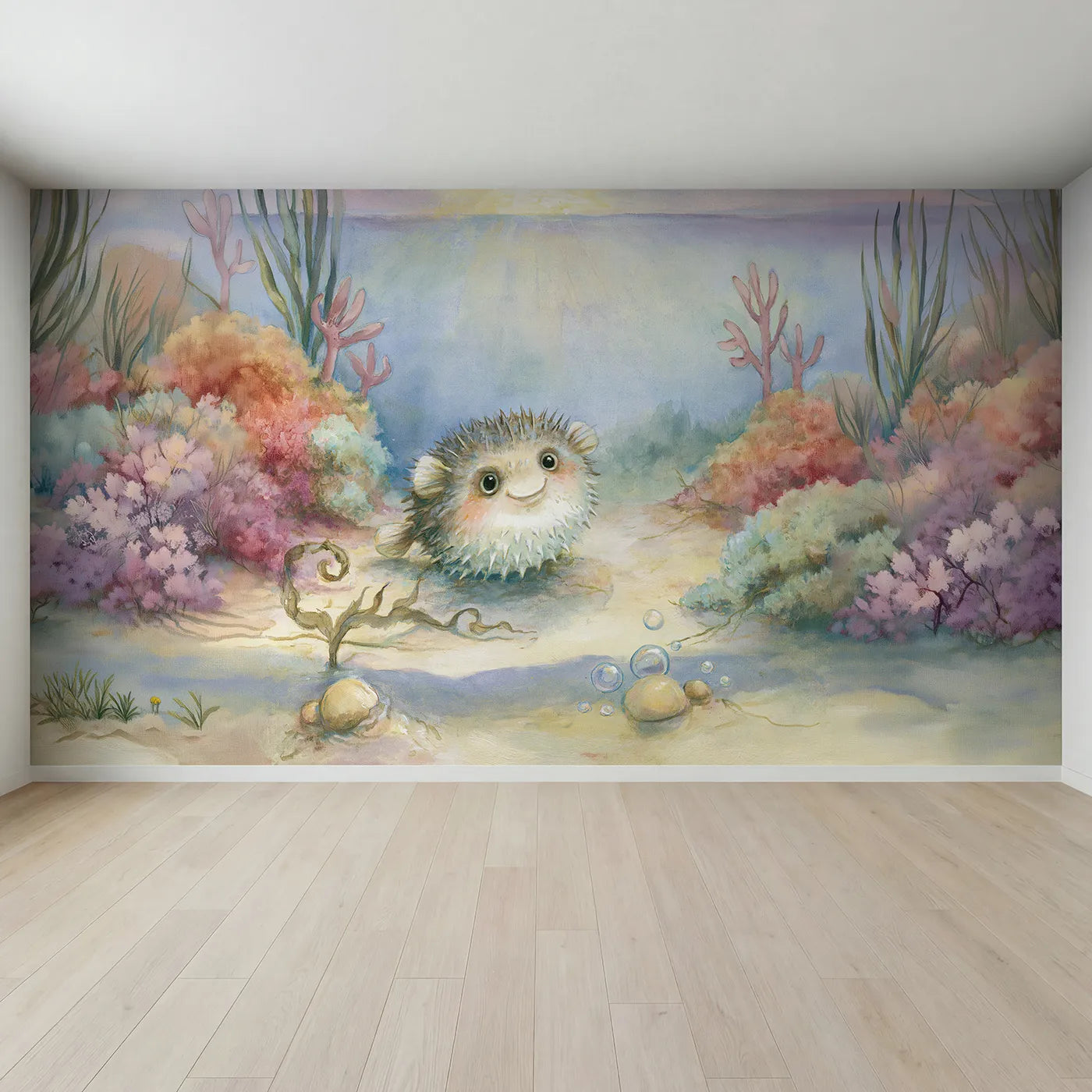 Full view of Friendly Pufferfish Puff Wallpaper Mural by Whimsy Tots