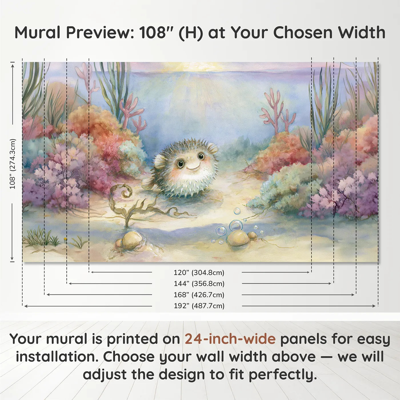 Panel layout and dimensions for Friendly Pufferfish Puff Wallpaper Mural by Whimsy Tots
