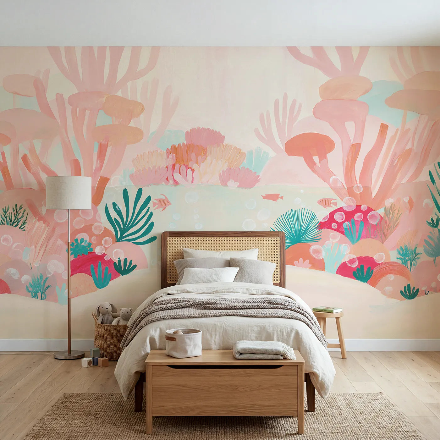 Gouache wall mural of a bold folk reef by Whimsy Tots