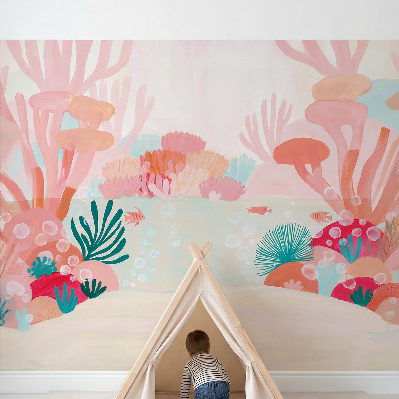 Child in nursery with Bold Folk Reef Wallpaper Mural by Whimsy Tots