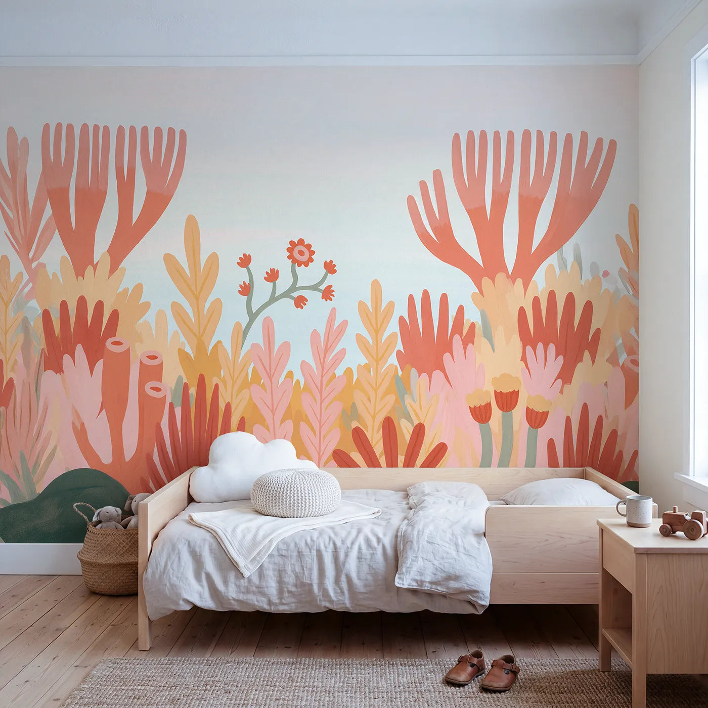 Gouache wall mural of a folk coral bloom by Whimsy Tots
