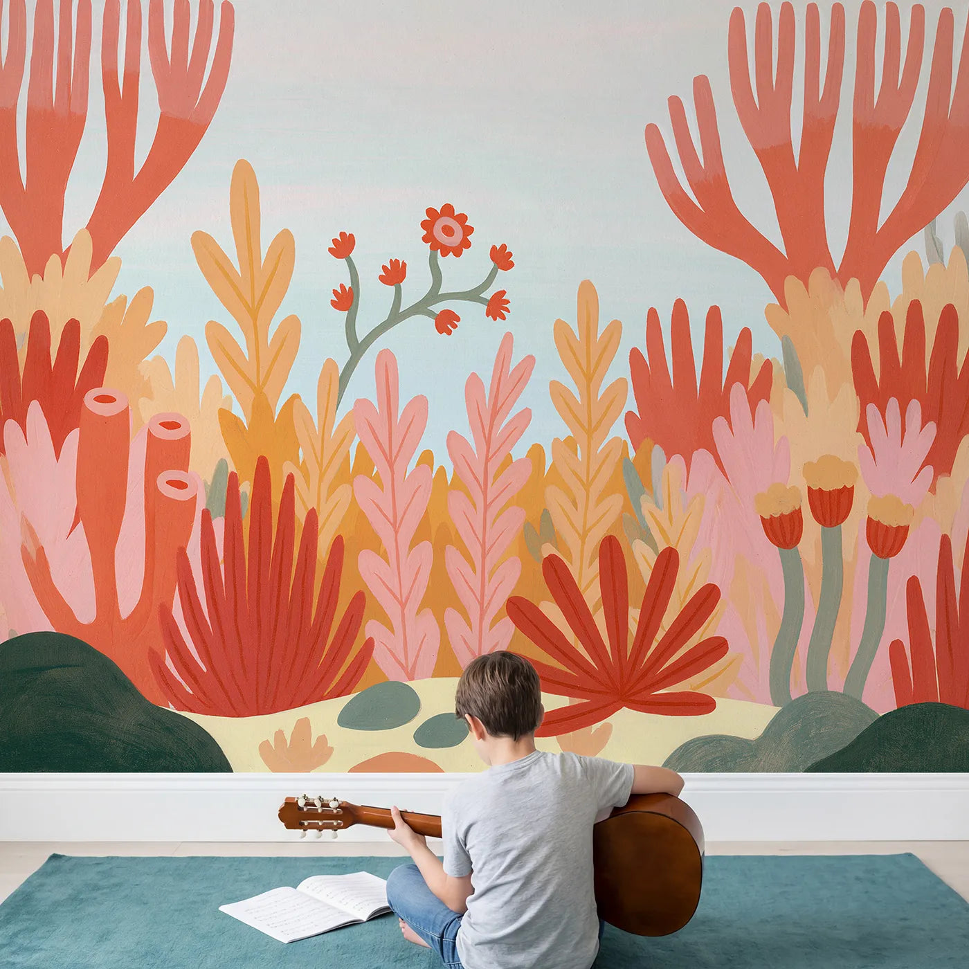 Child in nursery with Folk Coral Bloom Wallpaper Mural by Whimsy Tots