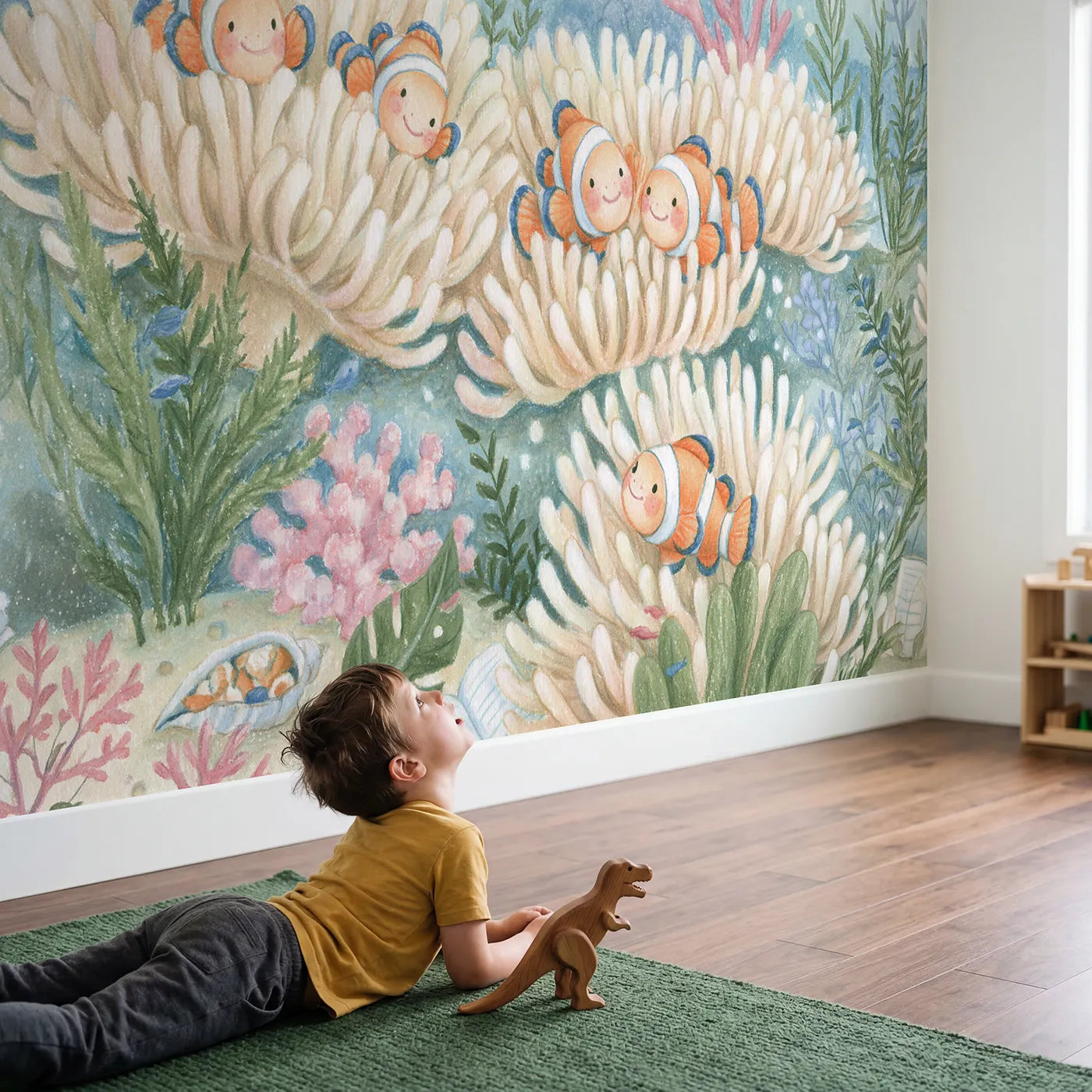 Child in nursery with The Anemone Sleepover Wallpaper Mural by Whimsy Tots